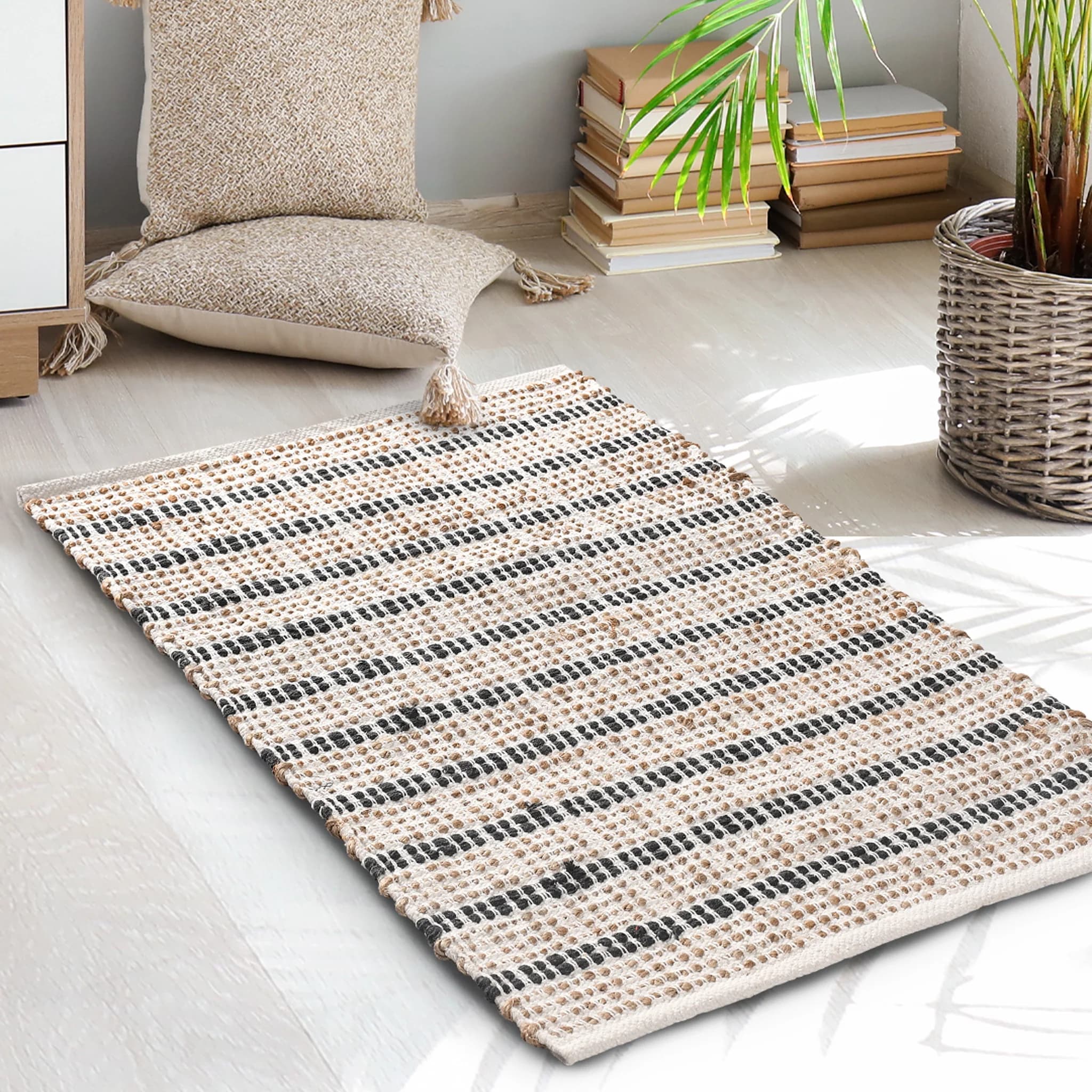 JUTE AND COTTON STRIPED RECTANGLE RUG