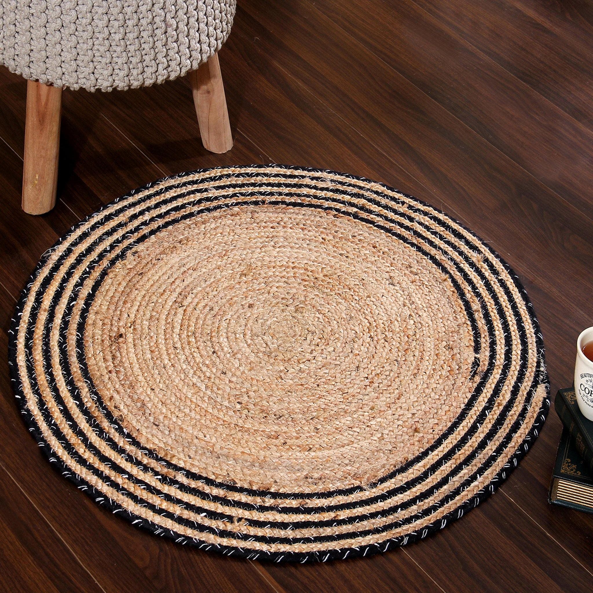 NATURAL JUTE BRAIDED RUG WITH BLACK STRIPES BORDER