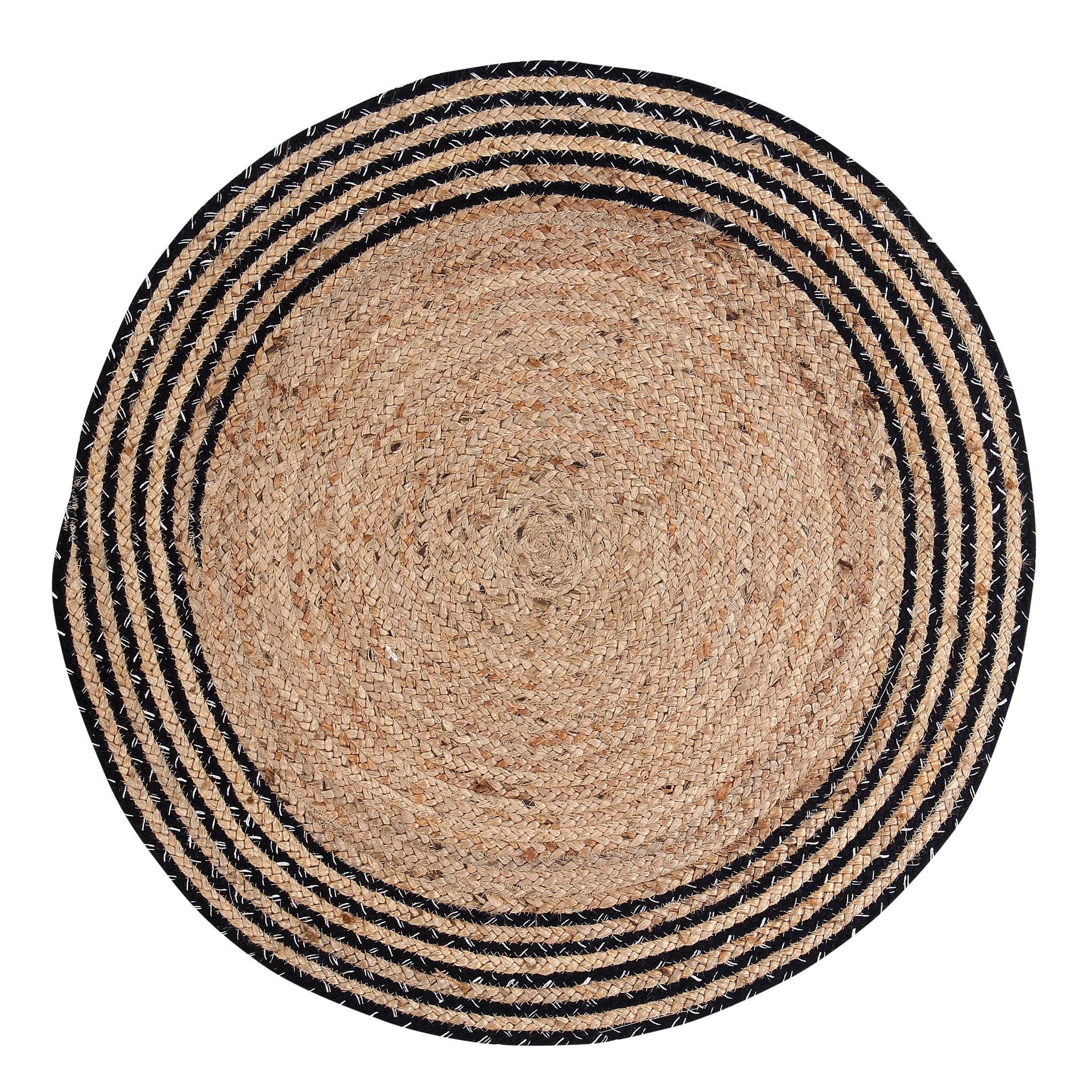 NATURAL JUTE BRAIDED RUG WITH BLACK STRIPES BORDER