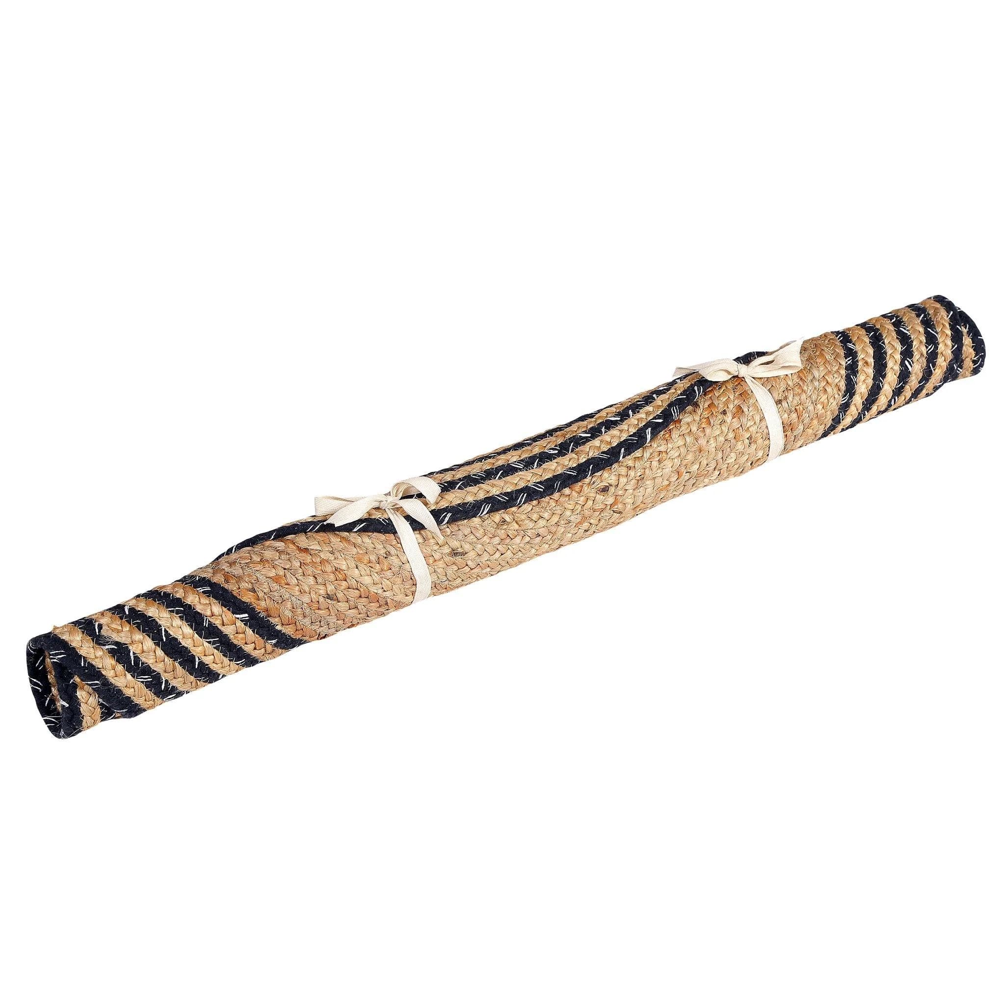 NATURAL JUTE BRAIDED RUG WITH BLACK STRIPES BORDER