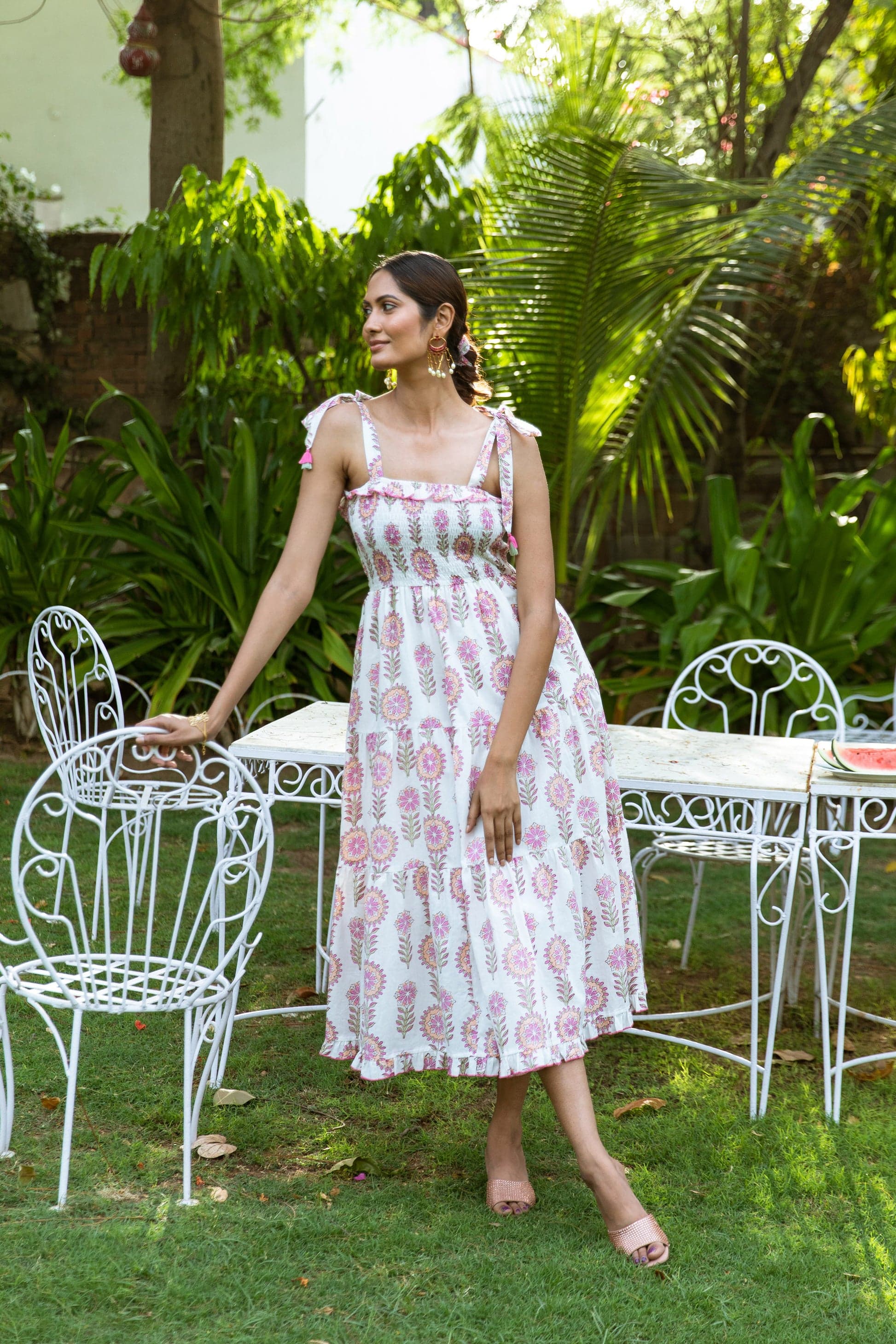 DIYA BLOCK PRINT COTTON SUMMER DRESS WHITE AND PINK FLORAL