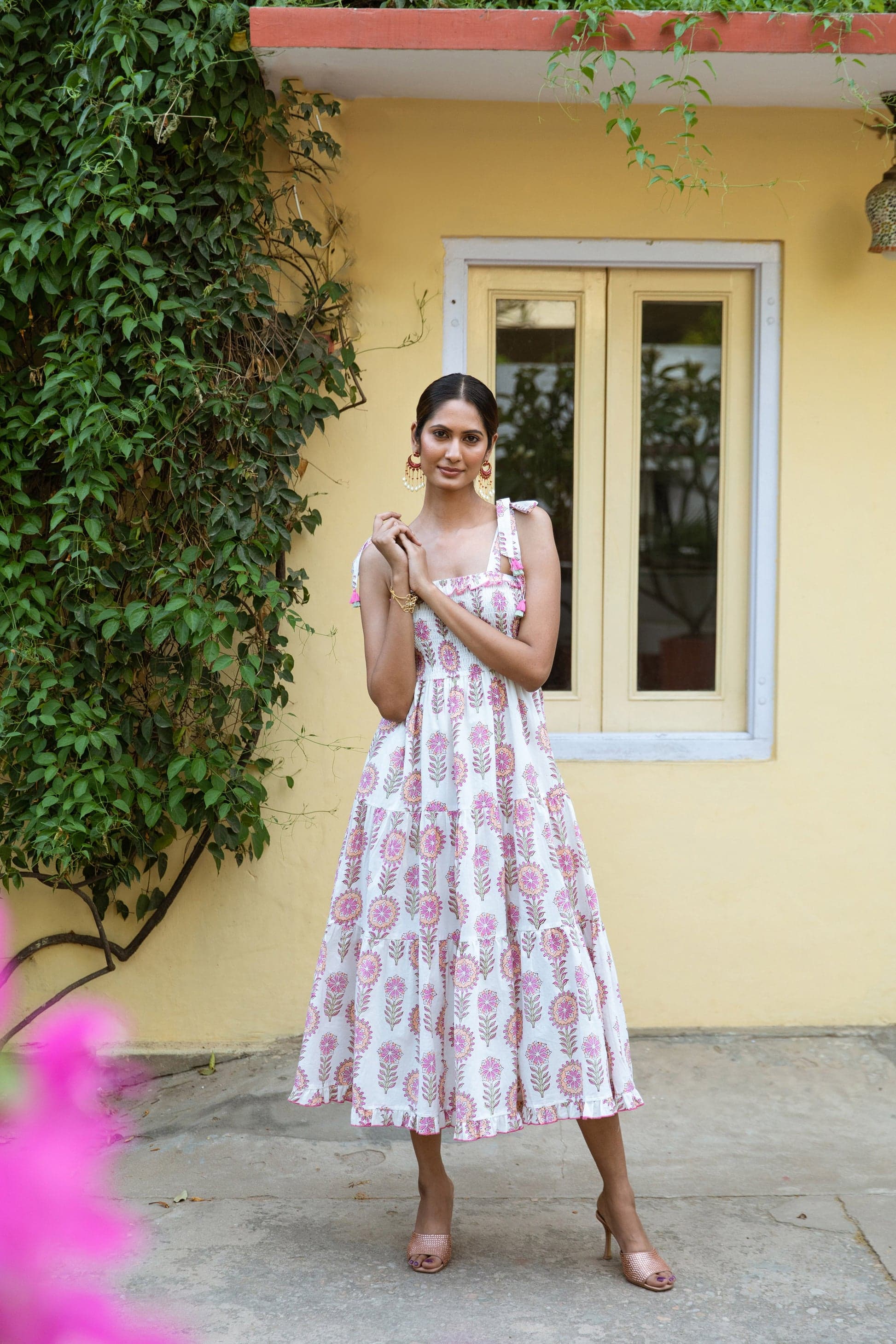 DIYA BLOCK PRINT COTTON SUMMER DRESS WHITE AND PINK FLORAL