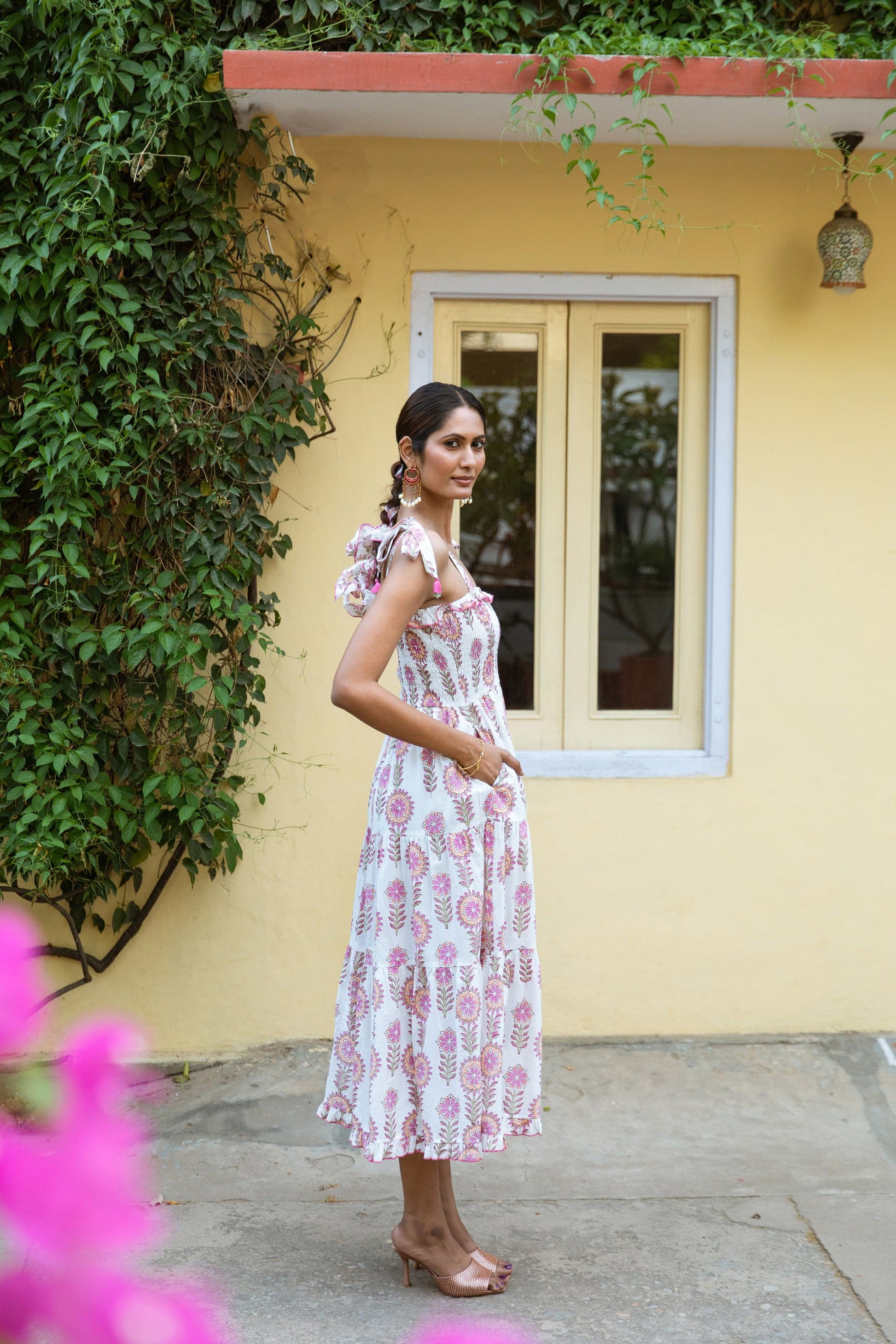 DIYA BLOCK PRINT COTTON SUMMER DRESS WHITE AND PINK FLORAL
