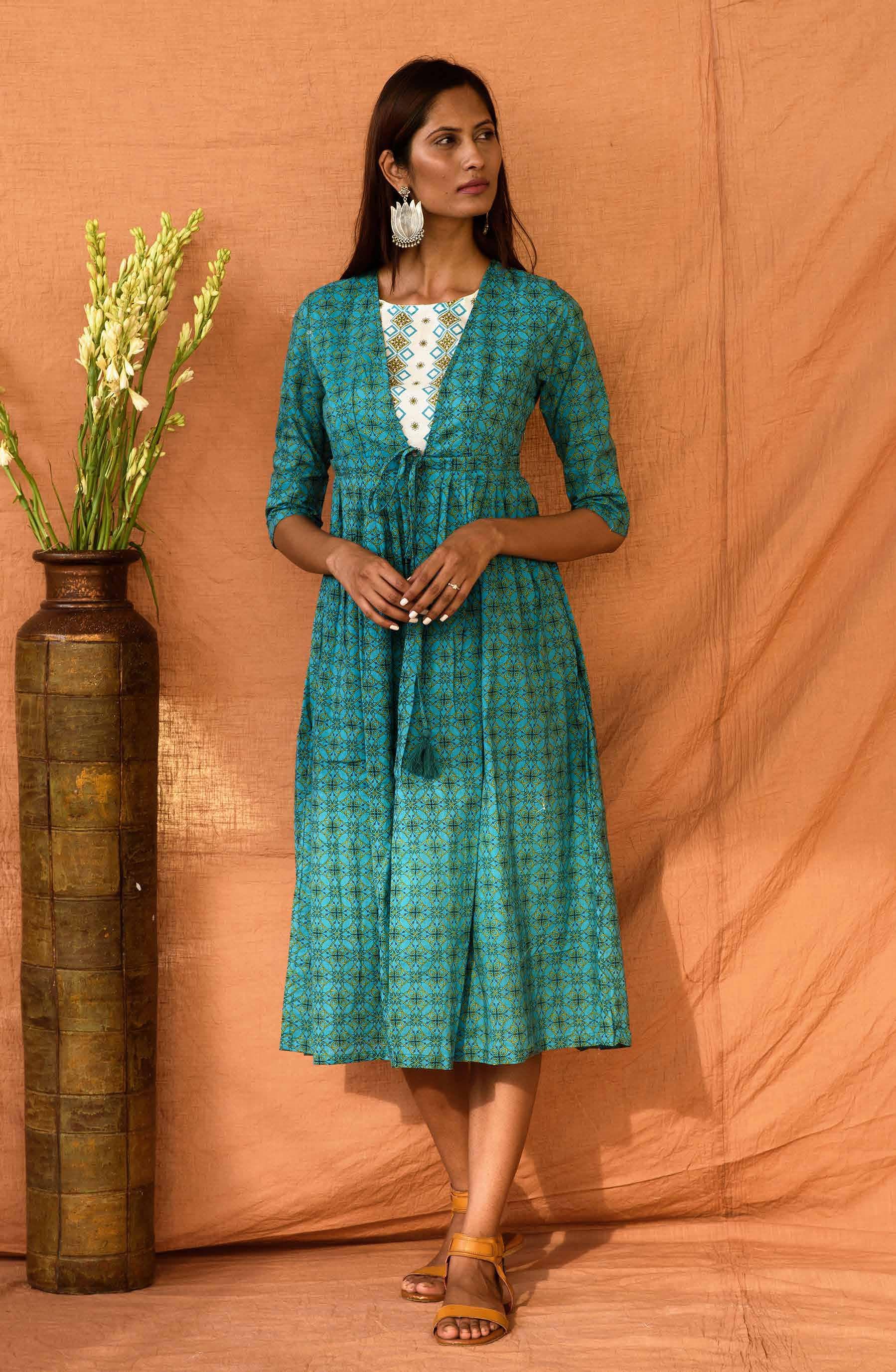 HAND PRINT COTTON A-LINE DRESS