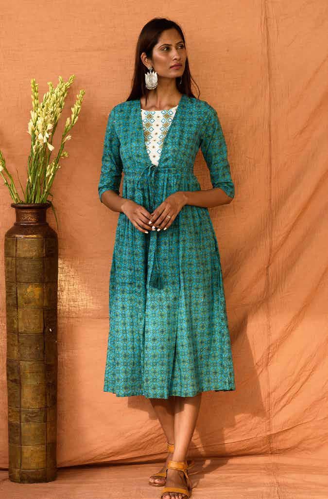 HAND PRINT COTTON A-LINE DRESS