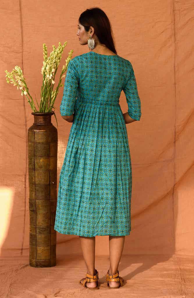 HAND PRINT COTTON A-LINE DRESS