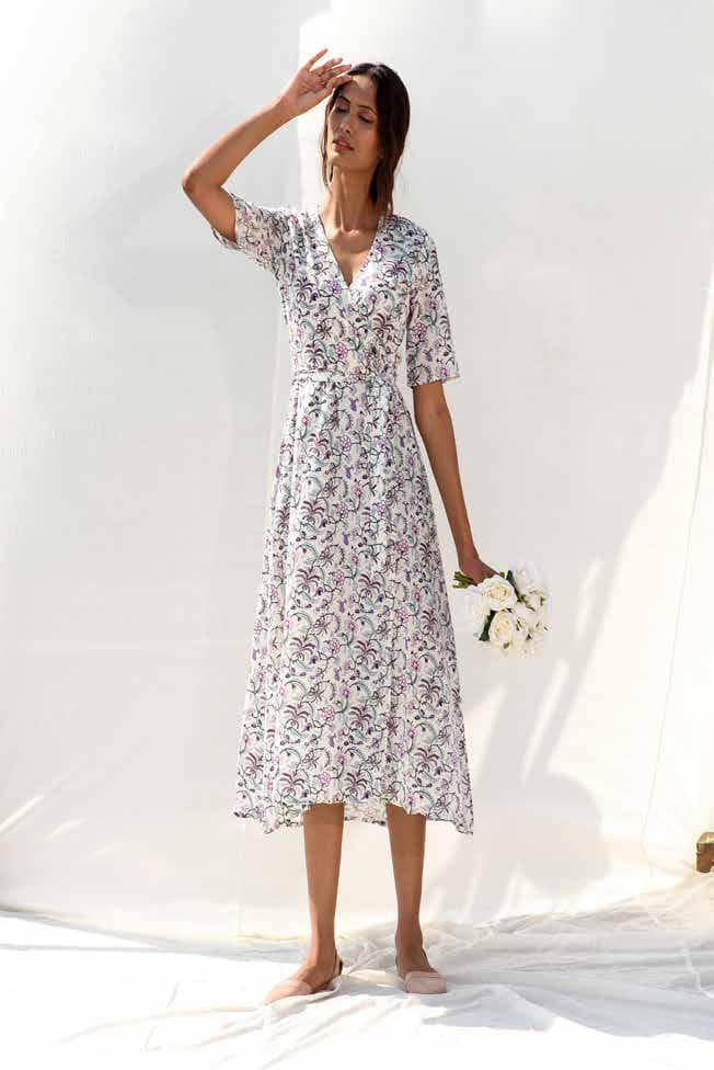 FLORAL V-NECK MIDI WAISTED DRESS