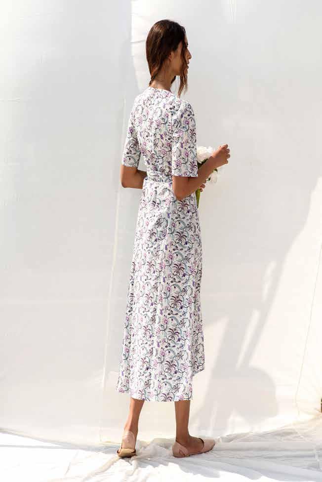 FLORAL V-NECK MIDI WAISTED DRESS
