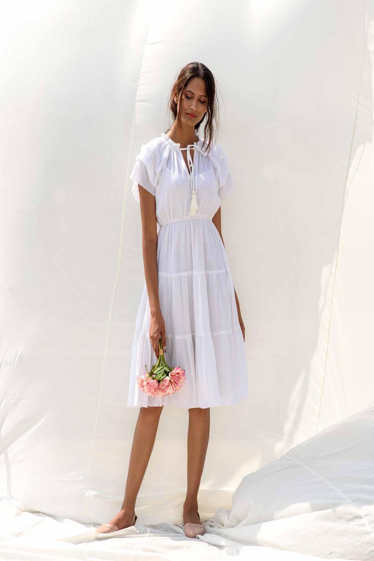 WHITE TIERED MIDI DRESS