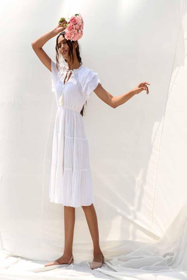 WHITE TIERED MIDI DRESS