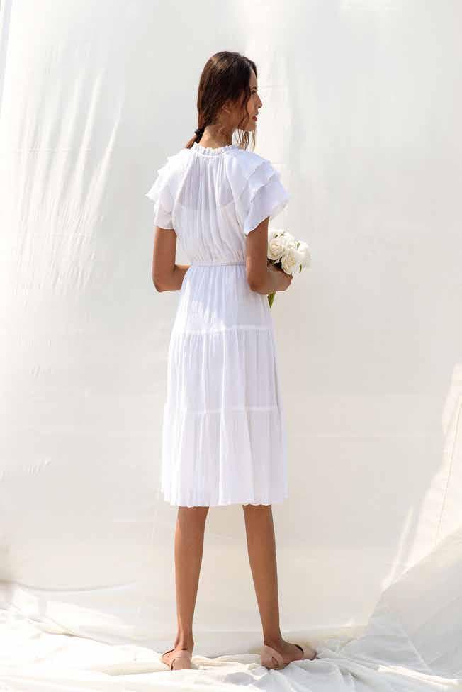 WHITE TIERED MIDI DRESS