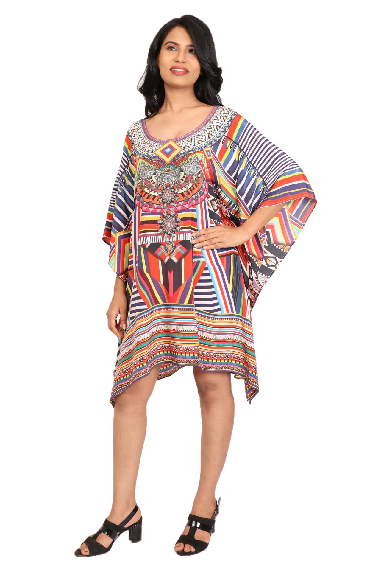 MULTI GEOMETRICAL PATTERN CREPE KNEE LENGTH KAFTAN