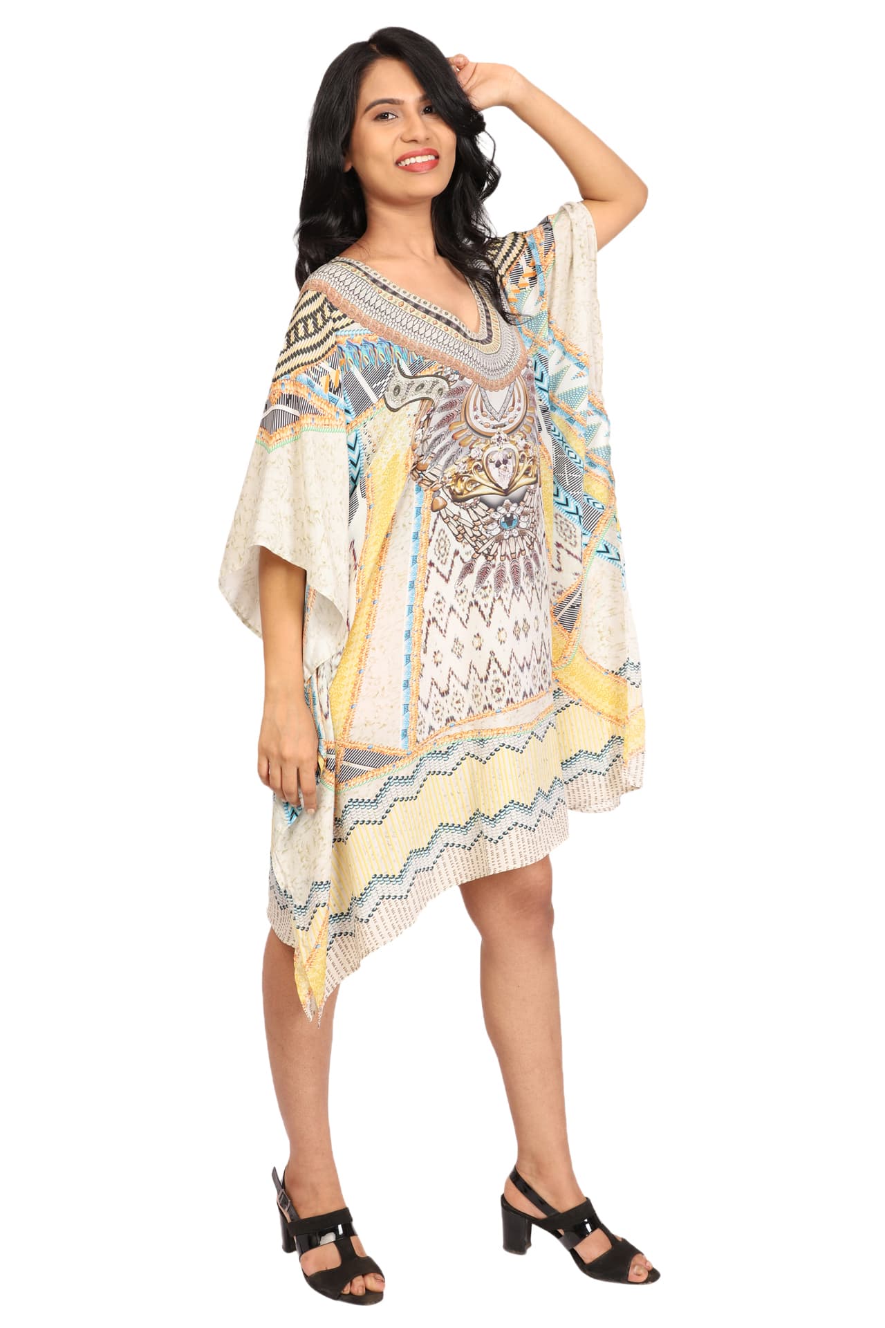 WHITE BEIGE PRINTED KNEE LENGTH CREPE KAFTAN