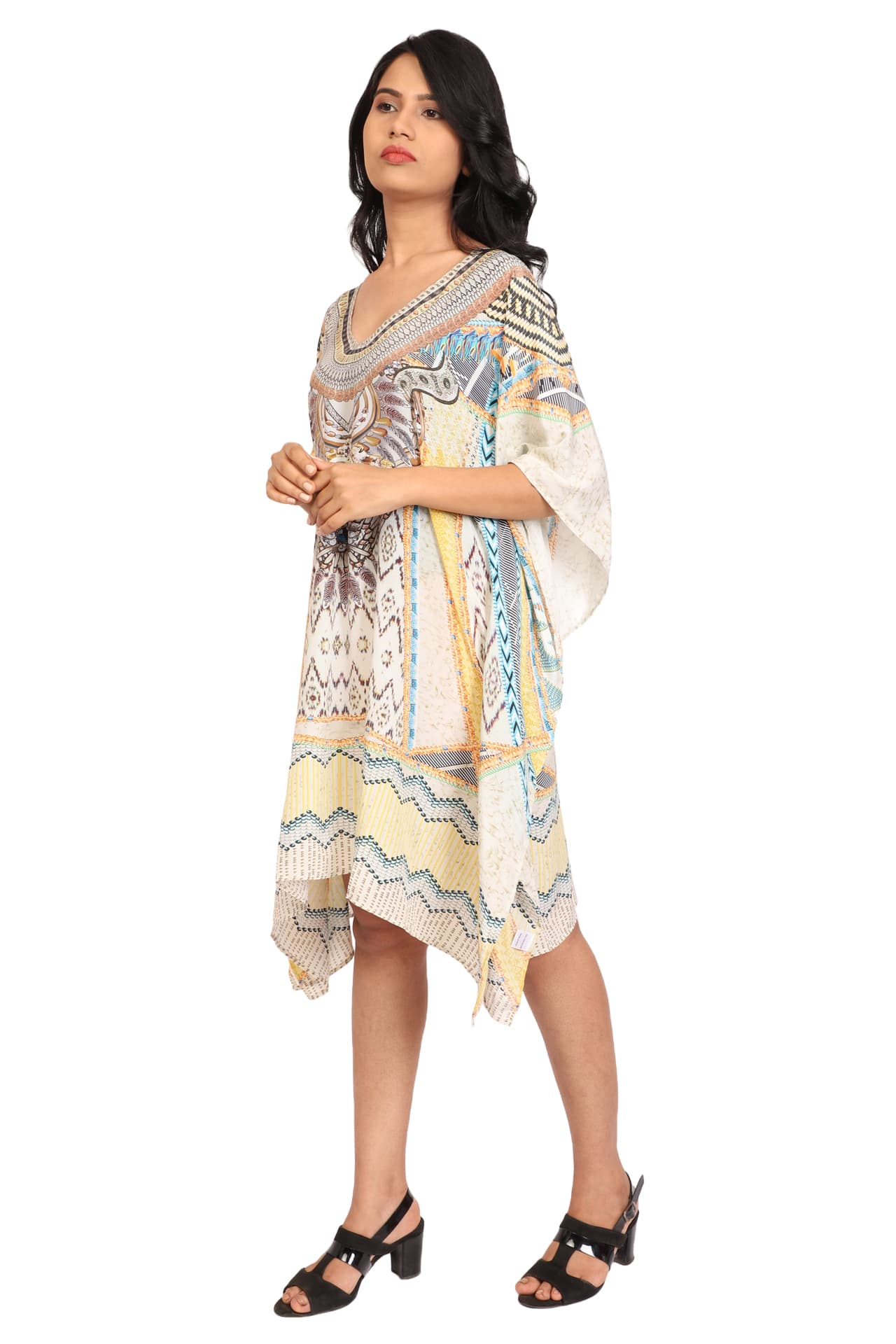 WHITE BEIGE PRINTED KNEE LENGTH CREPE KAFTAN