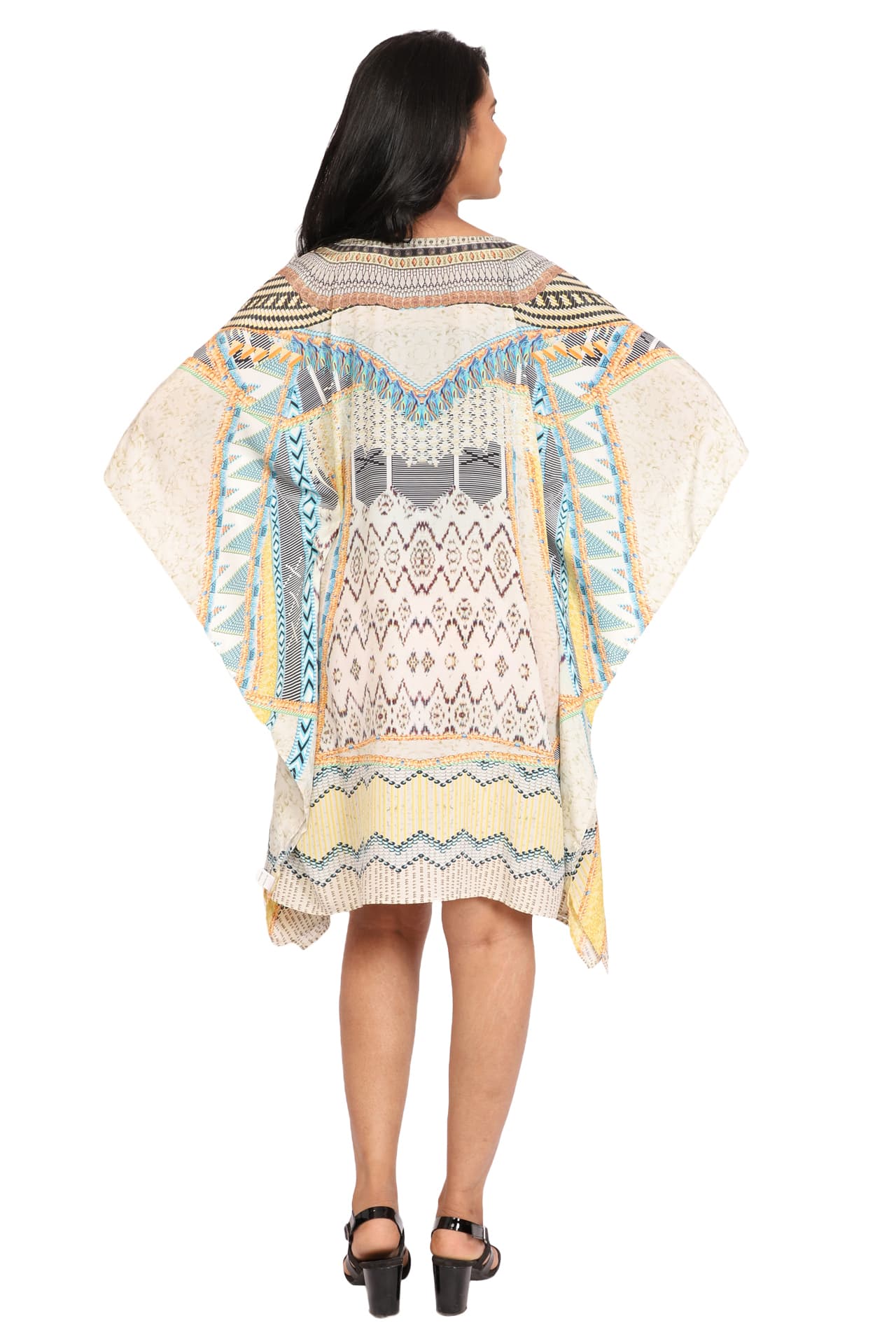 WHITE BEIGE PRINTED KNEE LENGTH CREPE KAFTAN