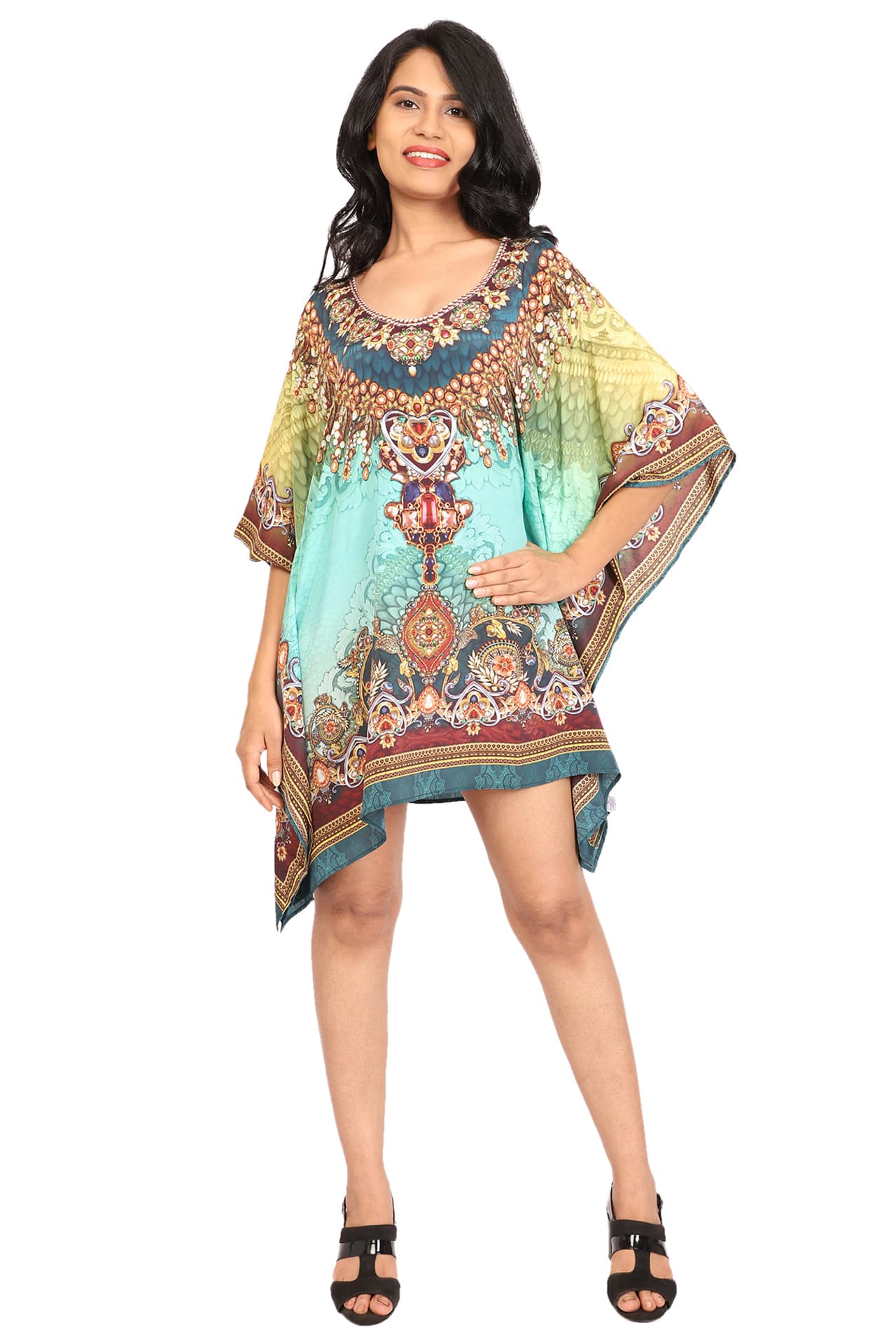 TURQ MULTI PRINTED KNEE LENGTH CREPE KAFTAN