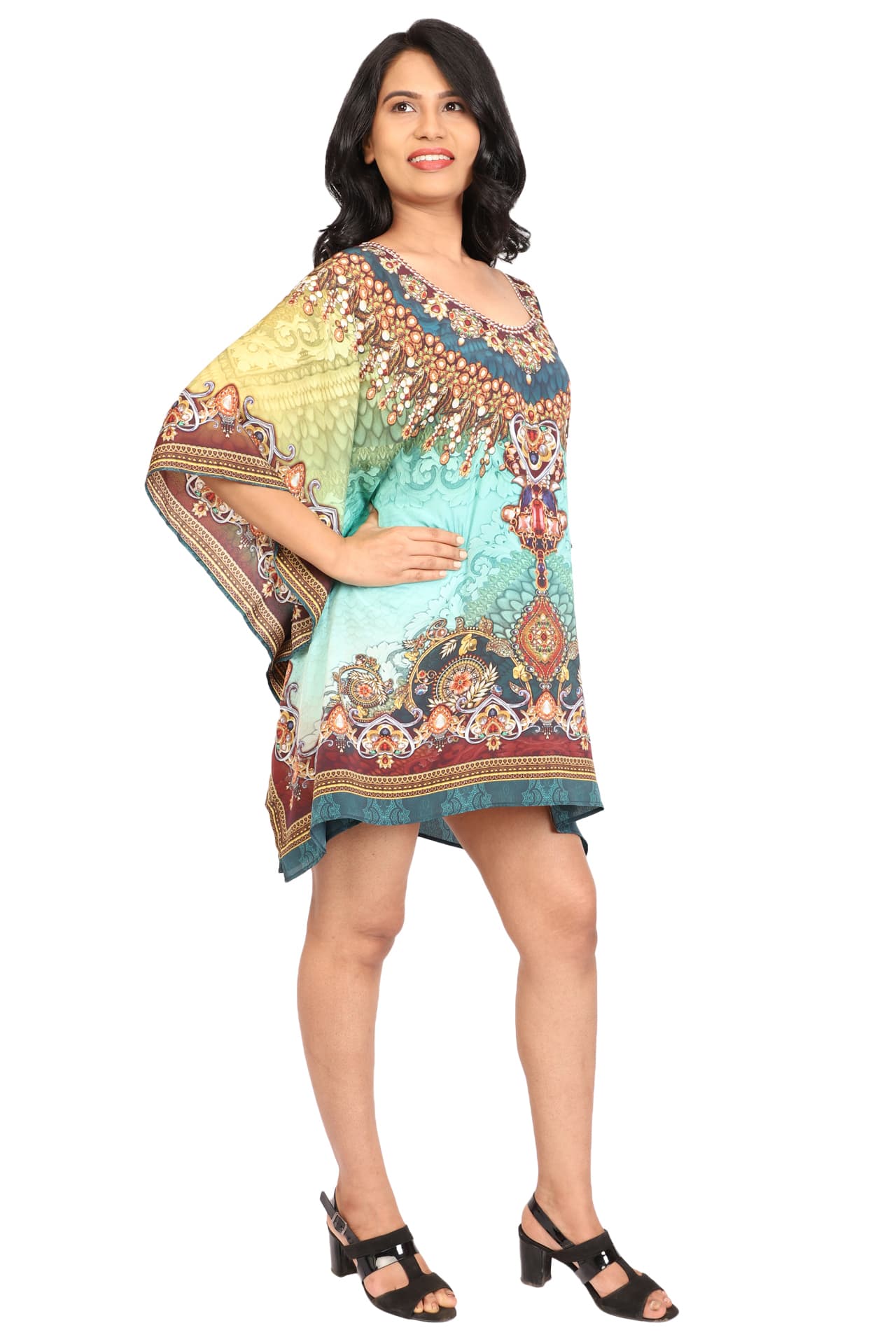 TURQ MULTI PRINTED KNEE LENGTH CREPE KAFTAN