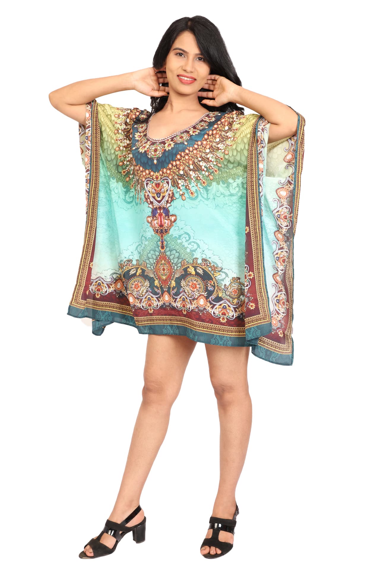 TURQ MULTI PRINTED KNEE LENGTH CREPE KAFTAN