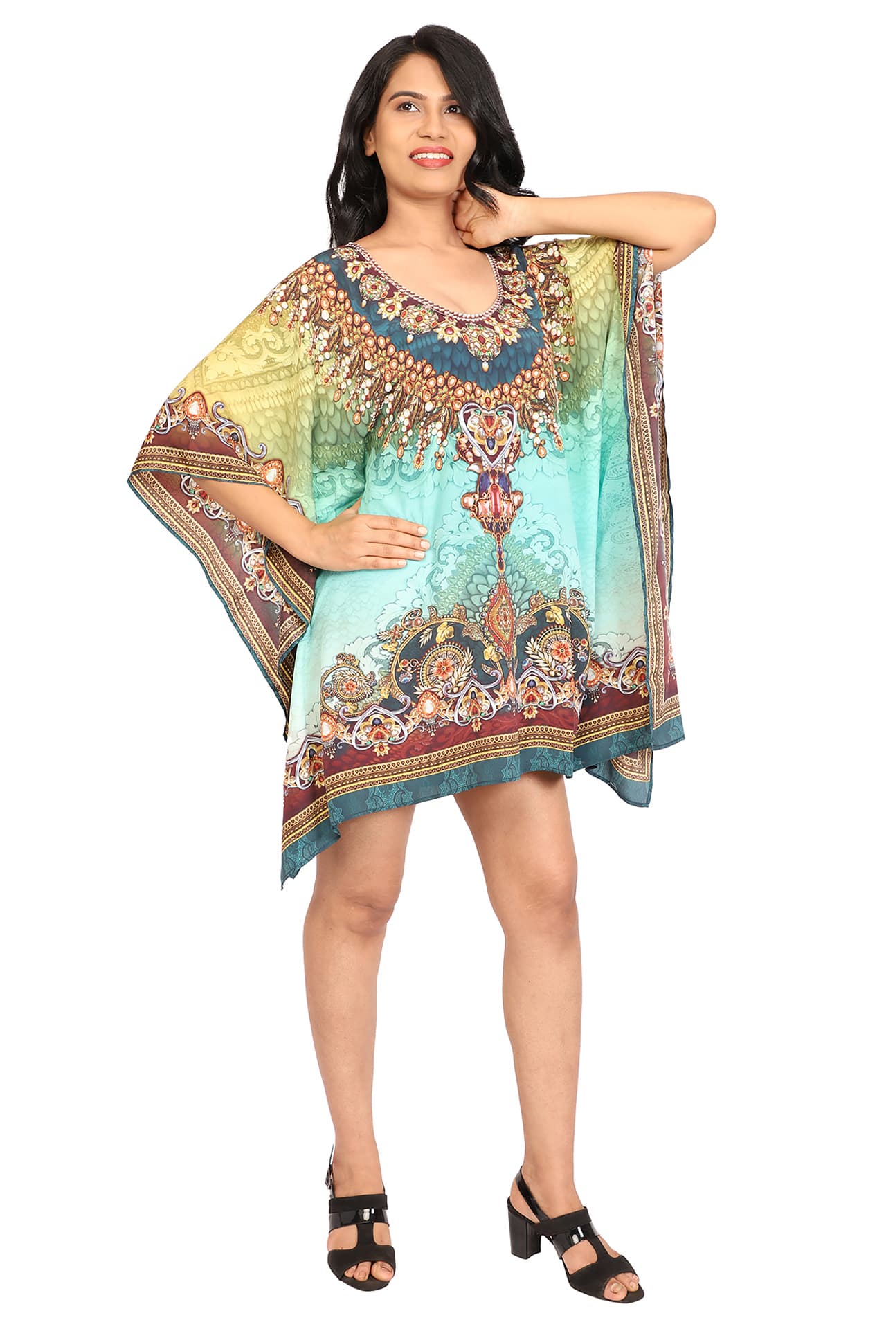 TURQ MULTI PRINTED KNEE LENGTH CREPE KAFTAN