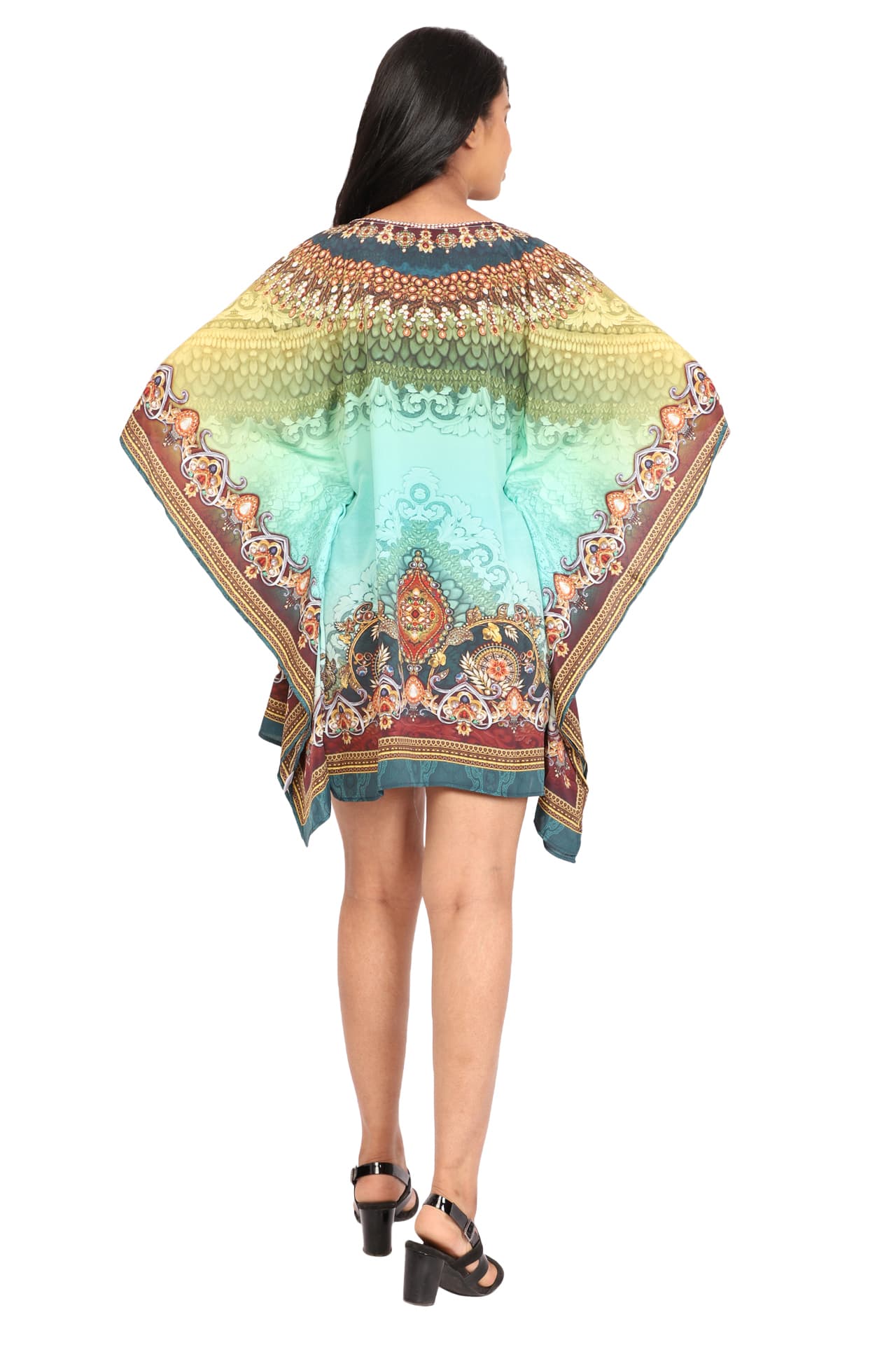 TURQ MULTI PRINTED KNEE LENGTH CREPE KAFTAN