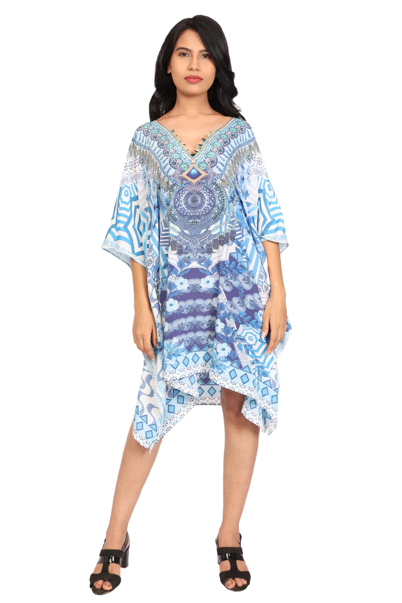BLUE WHITE PRINTED KNEE LENGTH CREPE KAFTAN