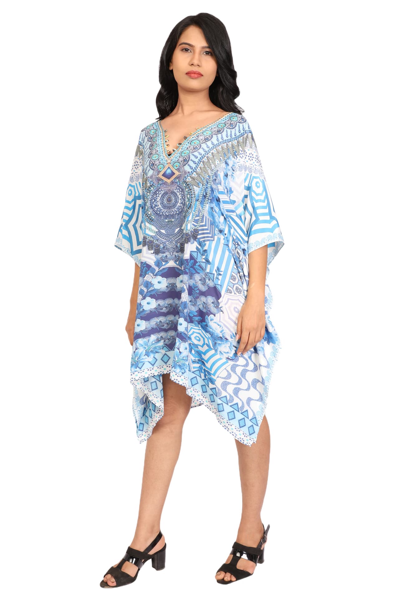 BLUE WHITE PRINTED KNEE LENGTH CREPE KAFTAN