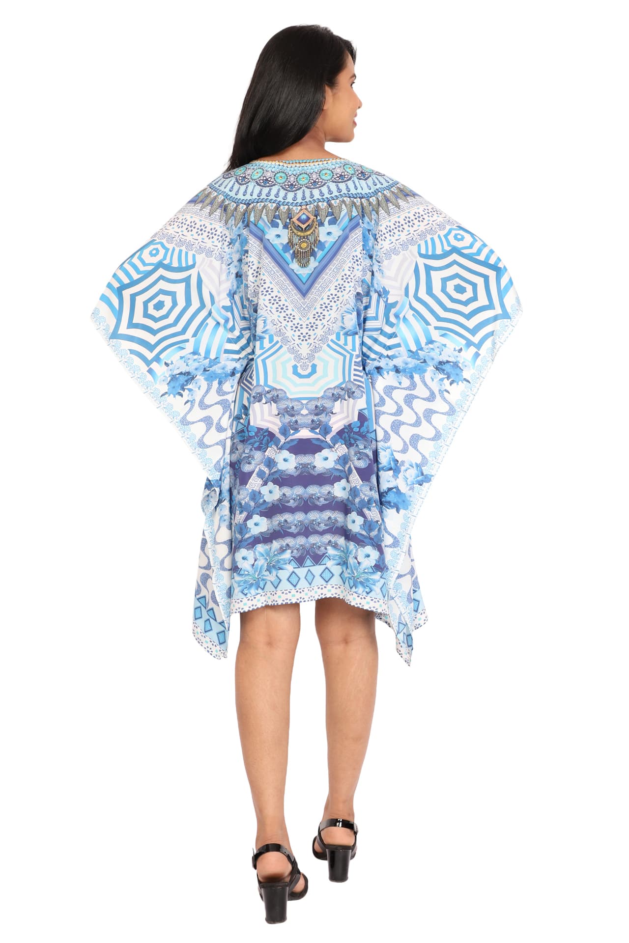 BLUE WHITE PRINTED KNEE LENGTH CREPE KAFTAN