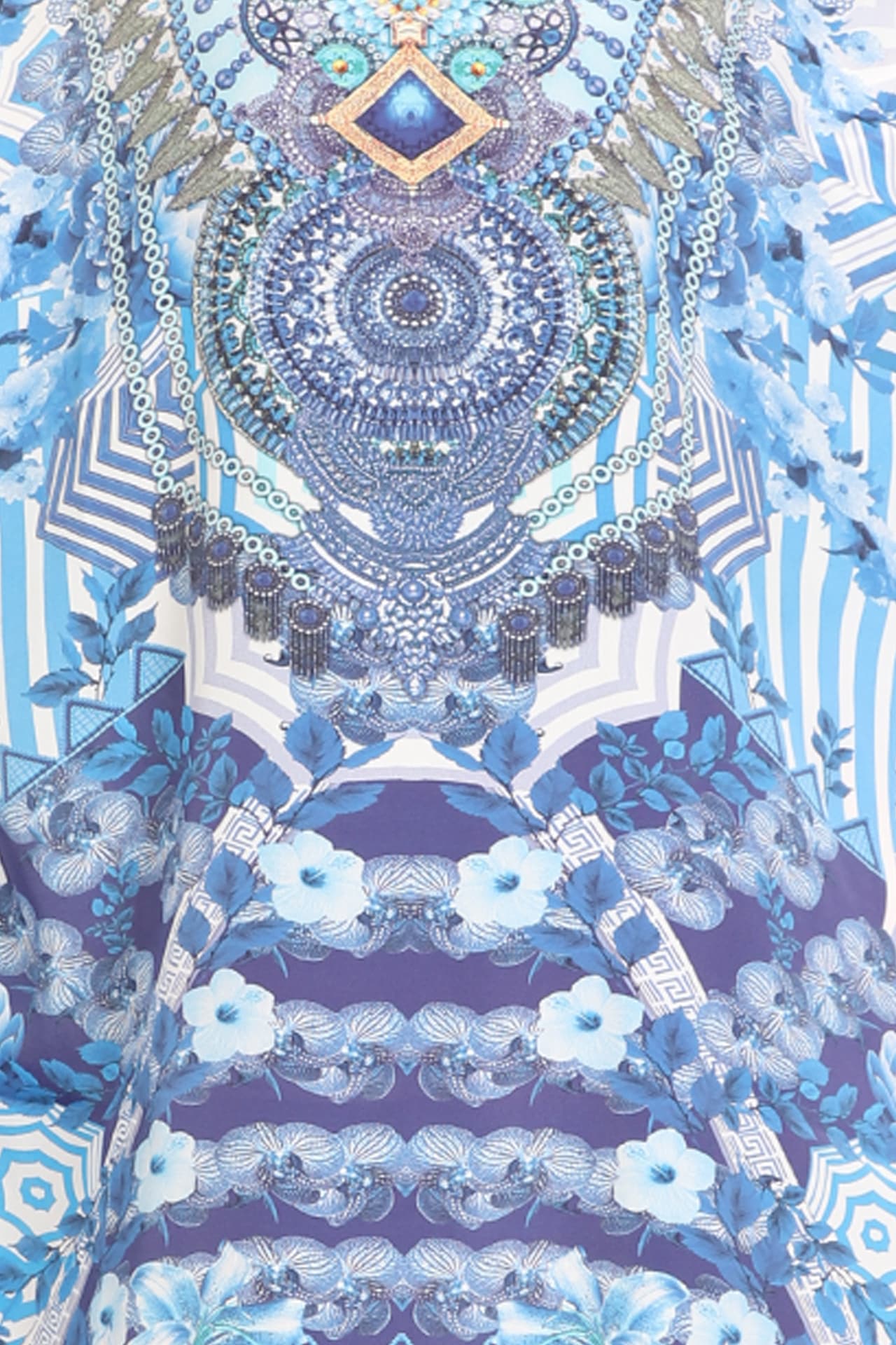BLUE WHITE PRINTED KNEE LENGTH CREPE KAFTAN