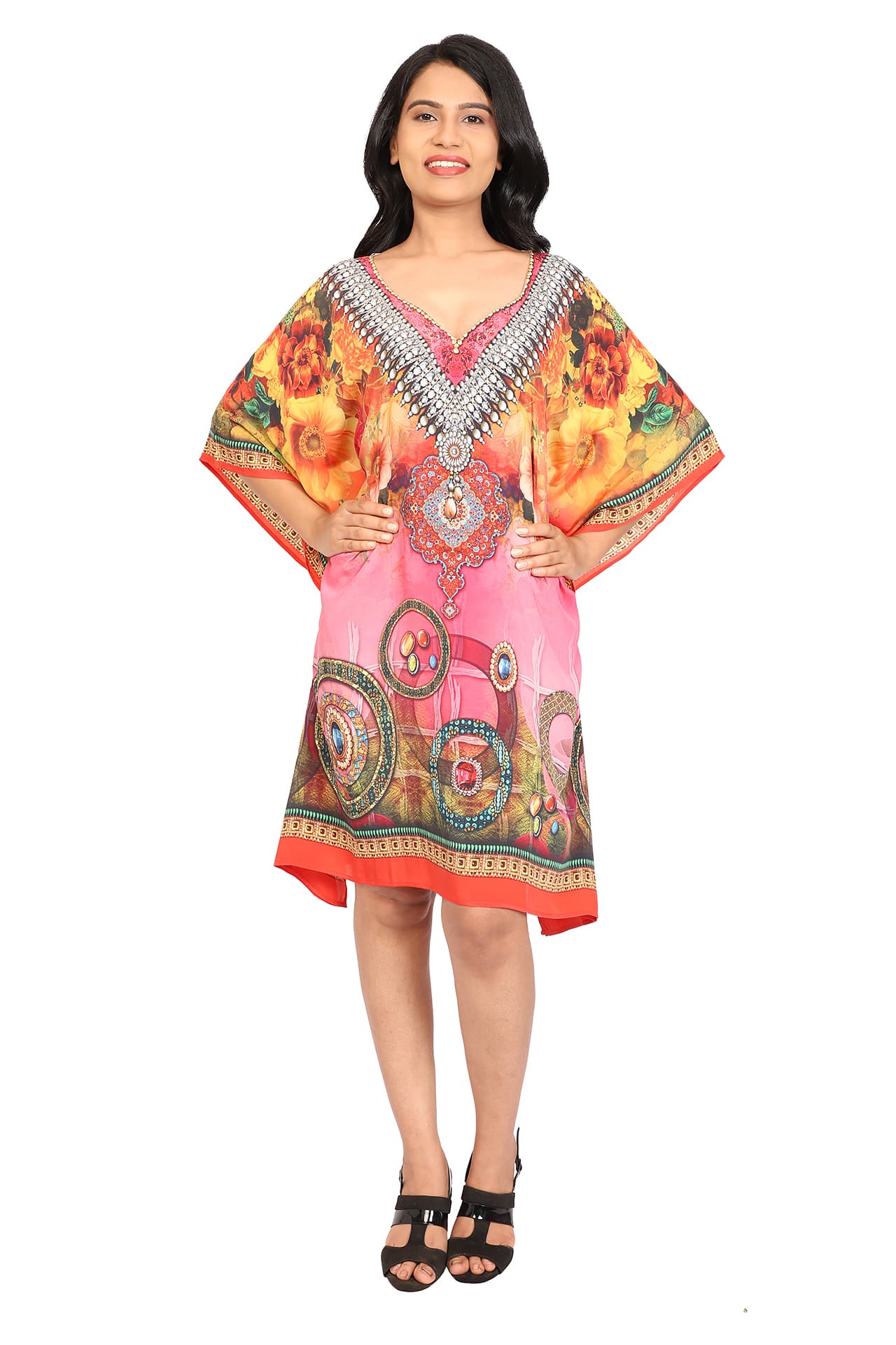 PINK MULTI PRINTED KNEE LENGTH CREPE KAFTAN