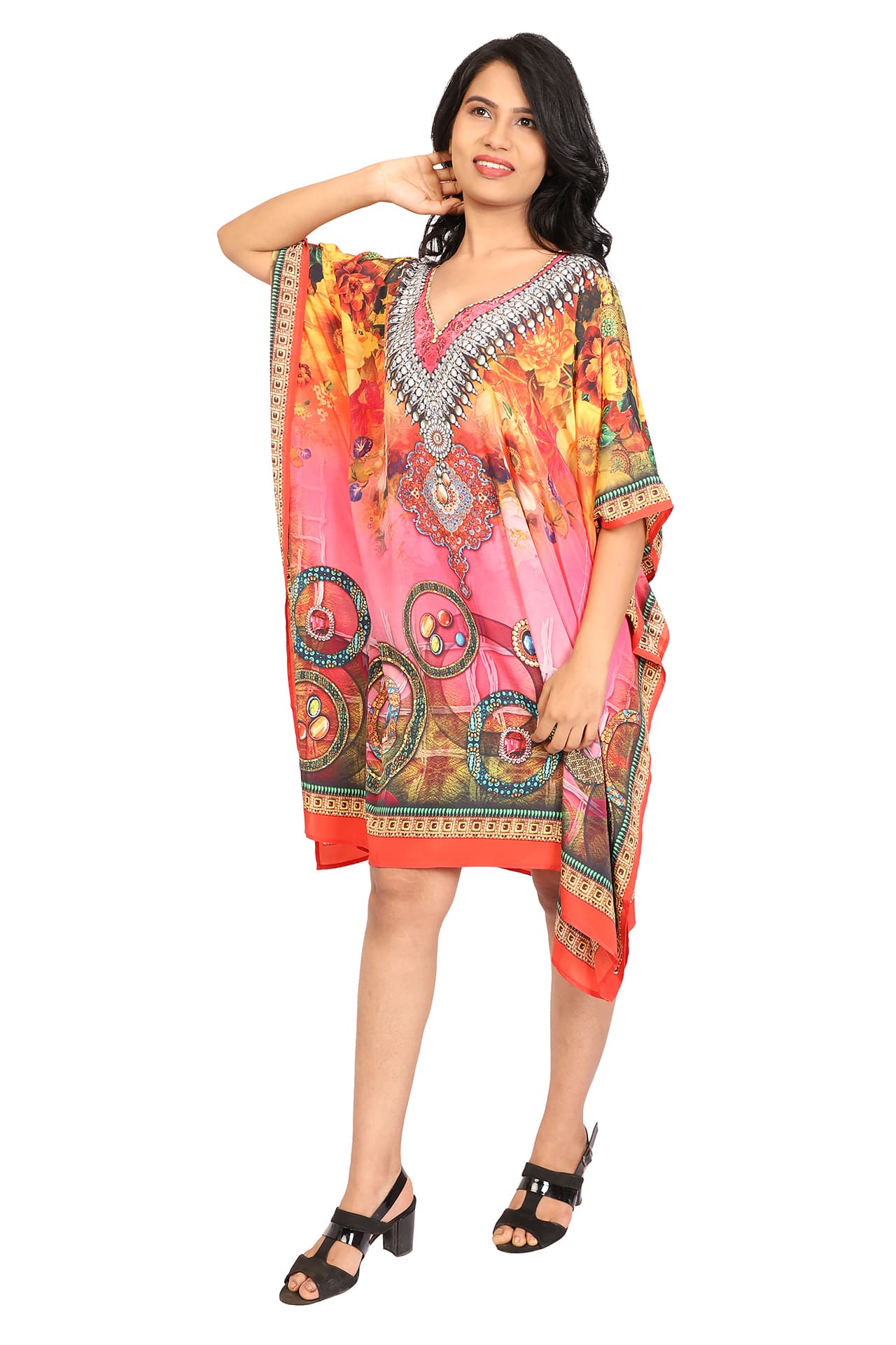 PINK MULTI PRINTED KNEE LENGTH CREPE KAFTAN