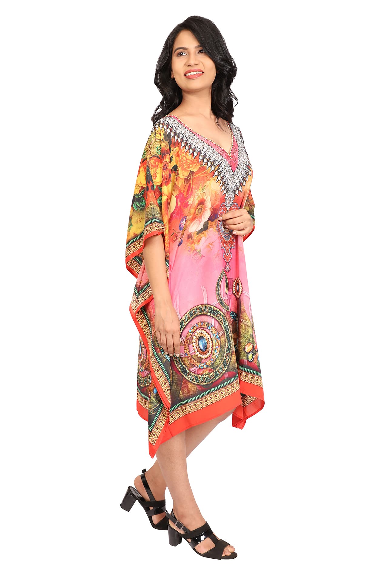 PINK MULTI PRINTED KNEE LENGTH CREPE KAFTAN