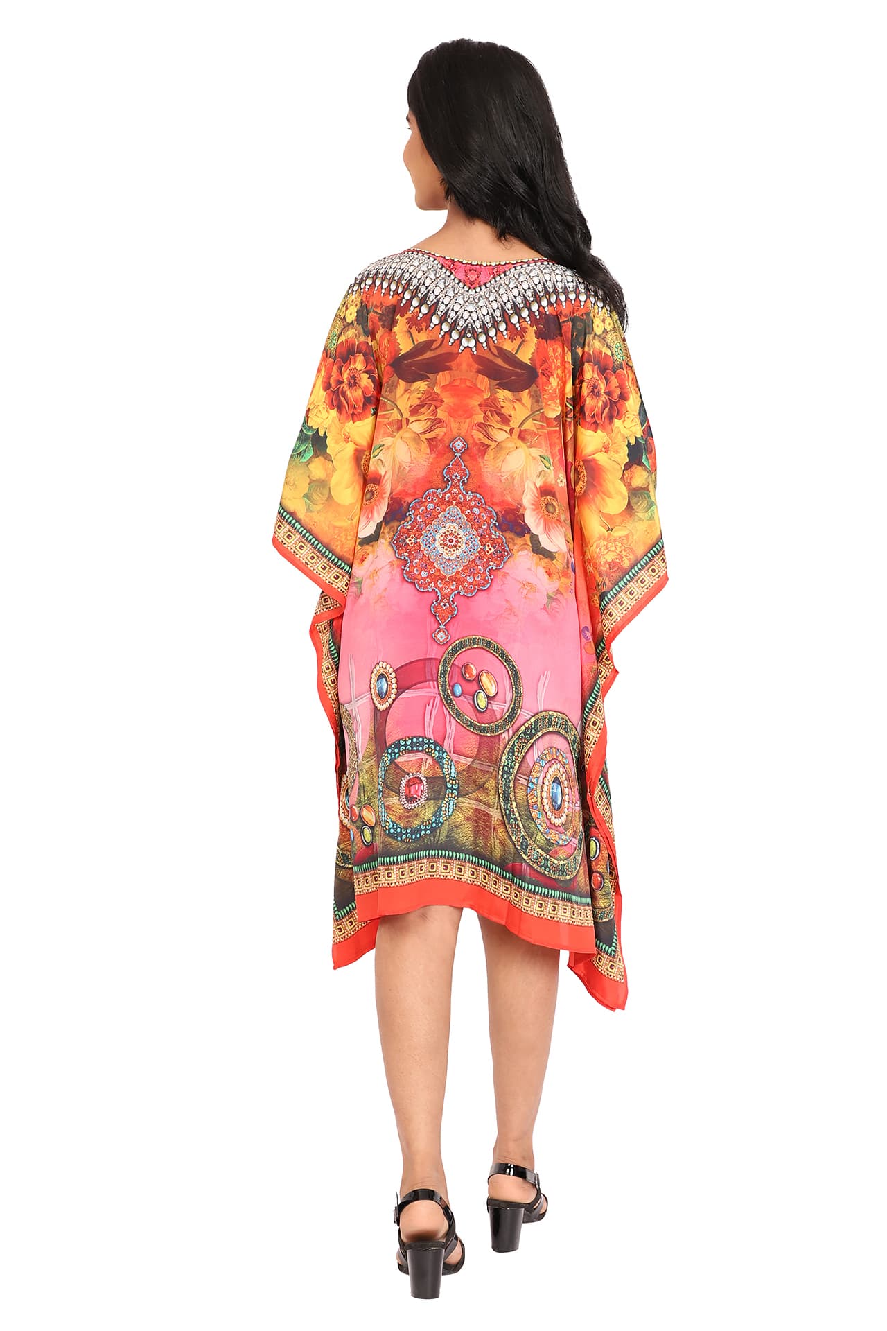 PINK MULTI PRINTED KNEE LENGTH CREPE KAFTAN