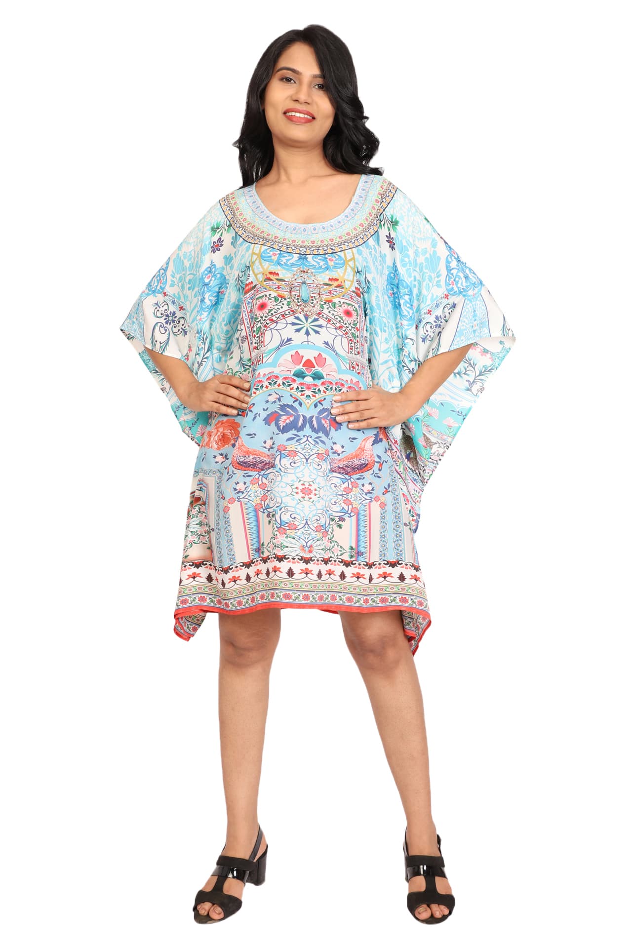TURQ FLORAL PRINT KNEE LENGTH CREPE KAFTAN