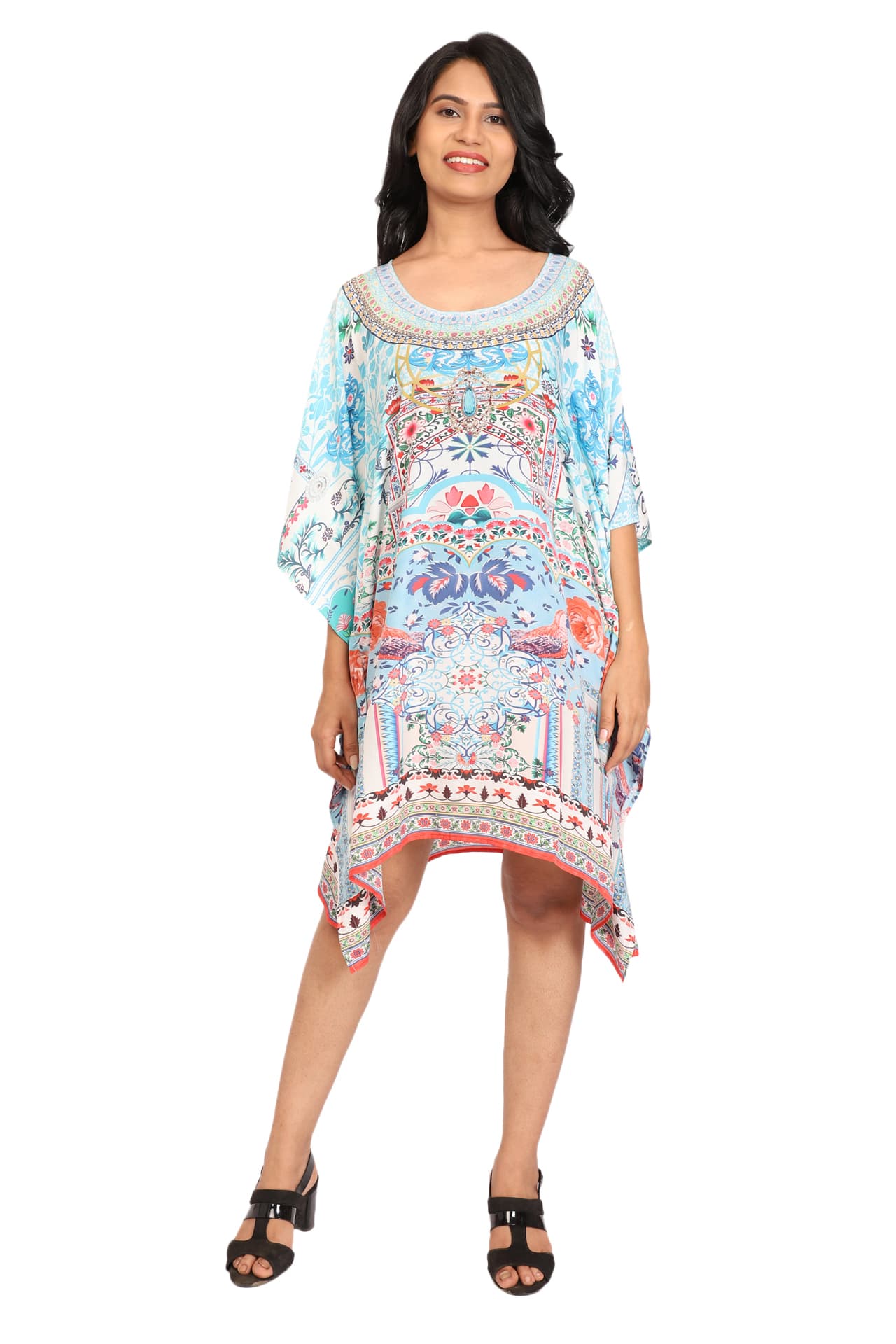 TURQ FLORAL PRINT KNEE LENGTH CREPE KAFTAN