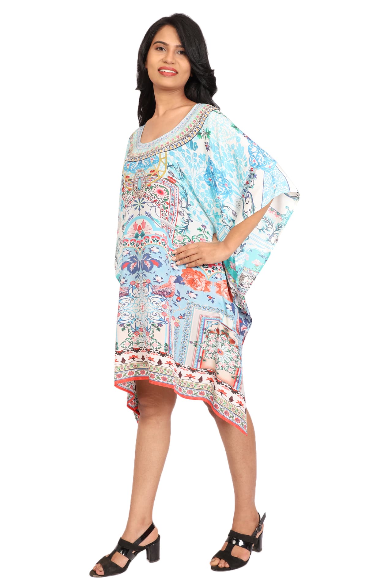 TURQ FLORAL PRINT KNEE LENGTH CREPE KAFTAN