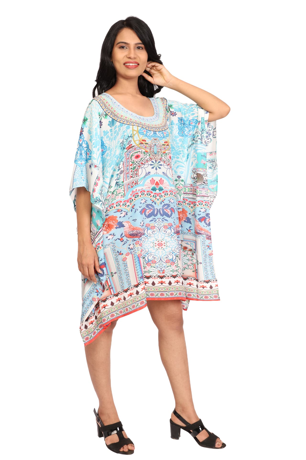 TURQ FLORAL PRINT KNEE LENGTH CREPE KAFTAN