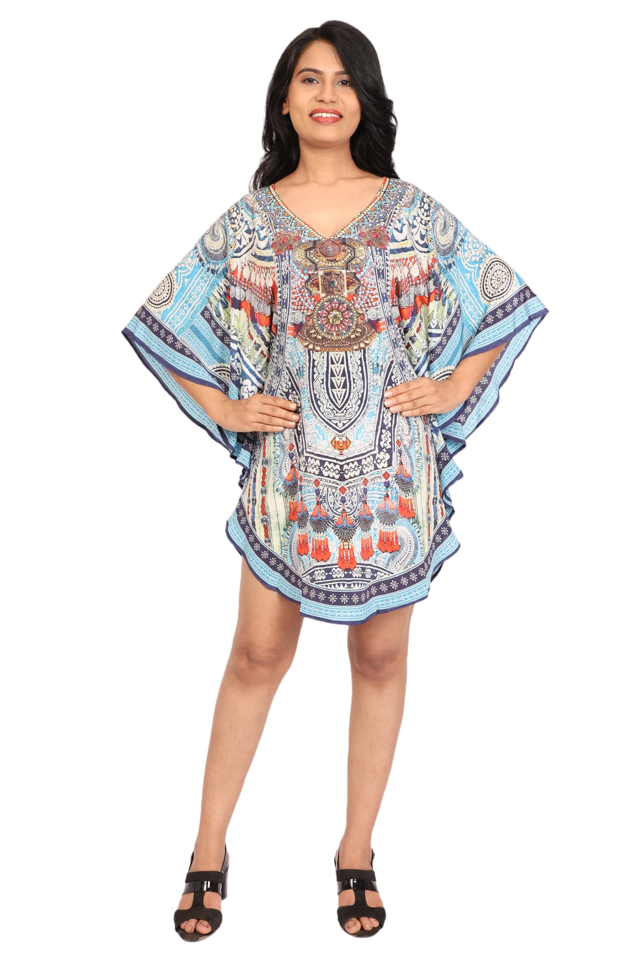 TURQ BLUE RED PRINTED SHORT LENGTH CREPE KAFTAN