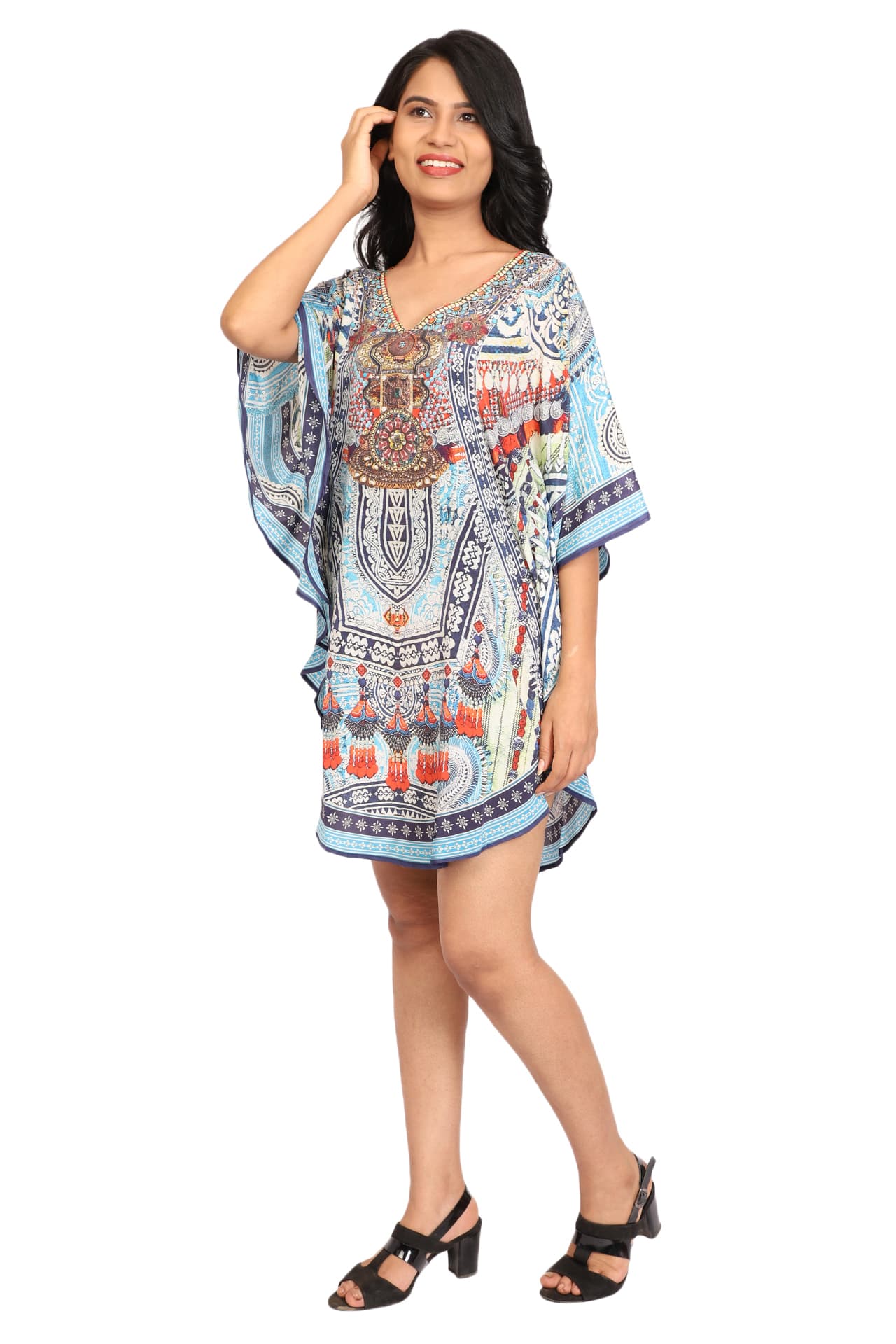 TURQ BLUE RED PRINTED SHORT LENGTH CREPE KAFTAN