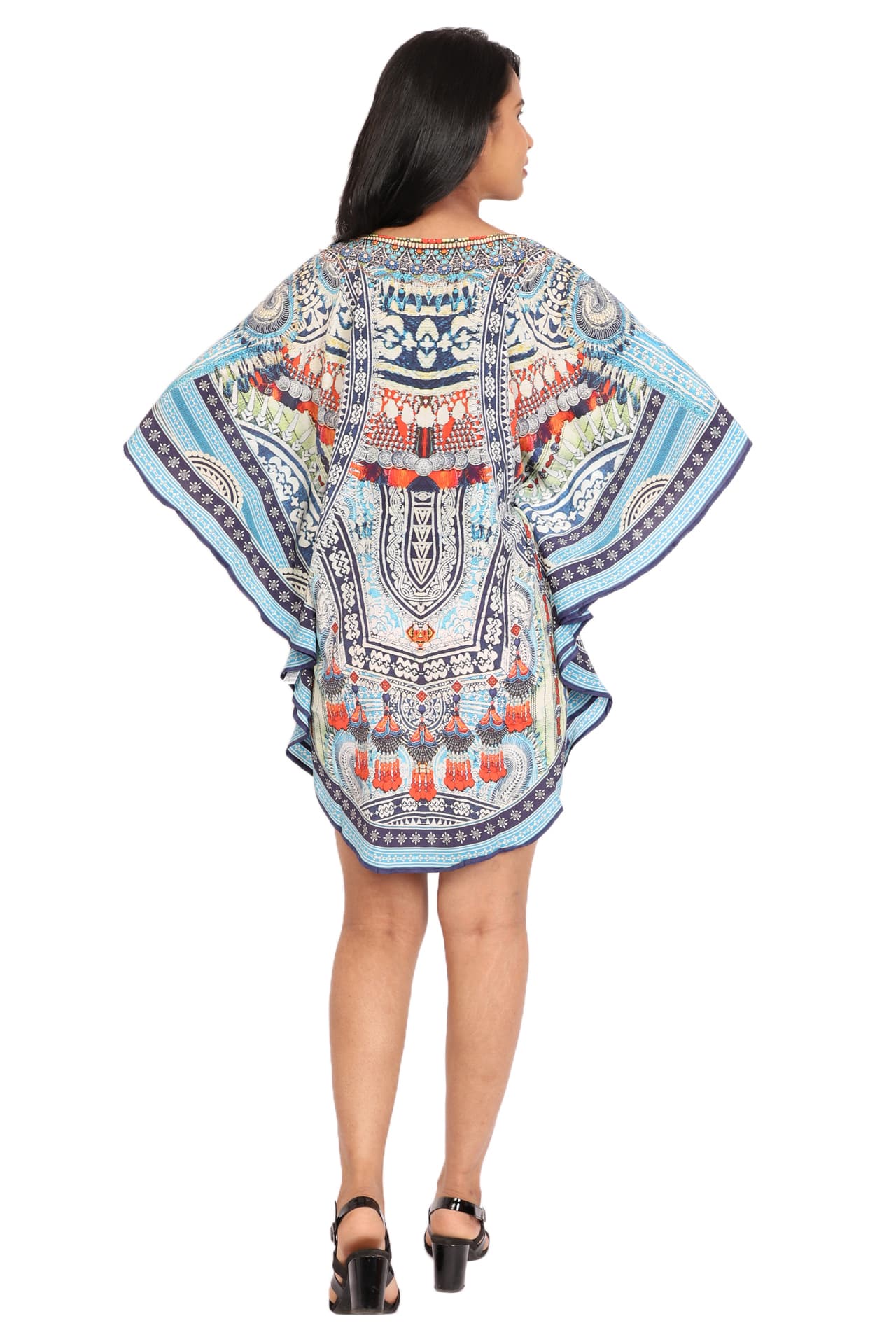 TURQ BLUE RED PRINTED SHORT LENGTH CREPE KAFTAN