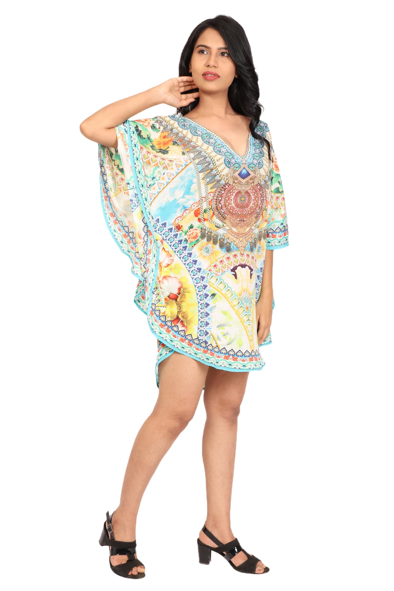 TURQ MULTI PRINTED SHORT LENGTH CREPE KAFTAN