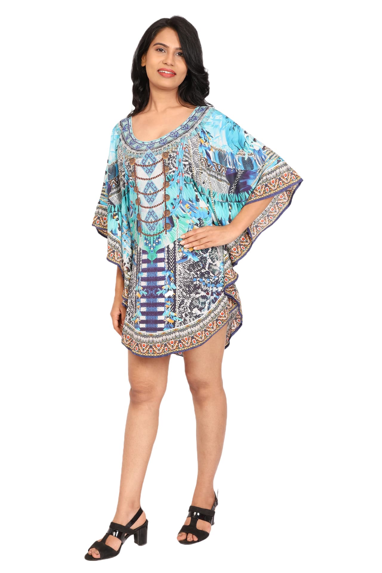 TURQ COLOR PRINTED SHORT LENGTH CREPE KAFTAN