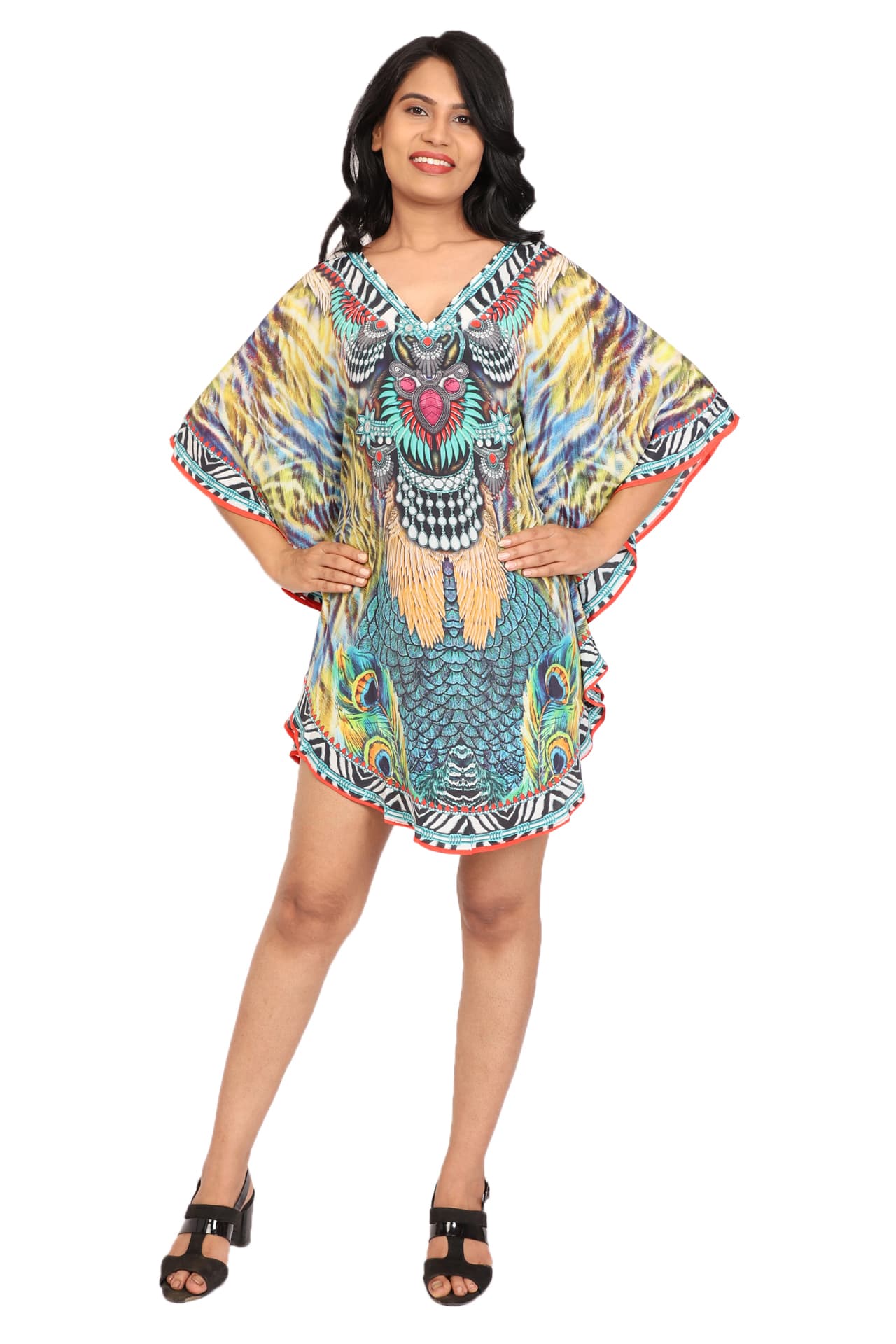 TURQ PEACOCK FEATHER PRINTED SHORT LENGTH CREPE KAFTAN