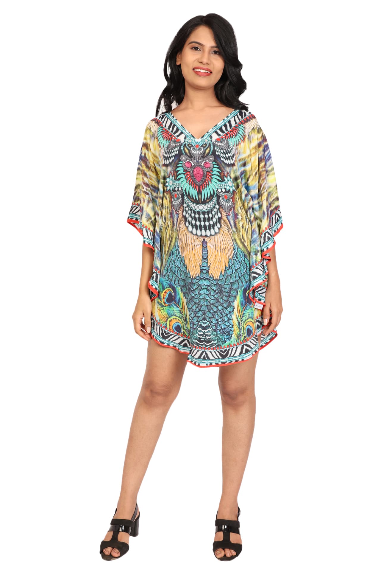 TURQ PEACOCK FEATHER PRINTED SHORT LENGTH CREPE KAFTAN