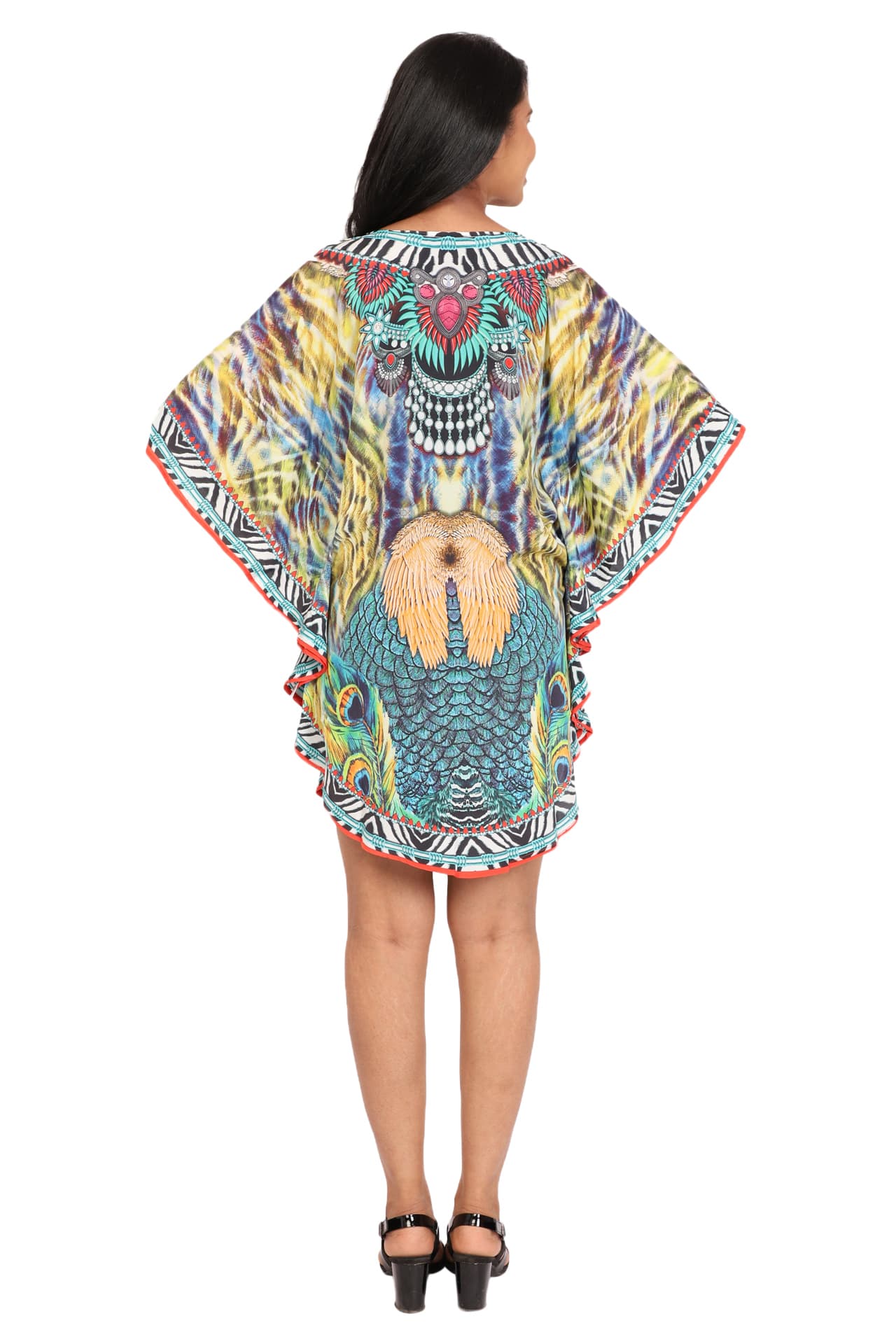 TURQ PEACOCK FEATHER PRINTED SHORT LENGTH CREPE KAFTAN