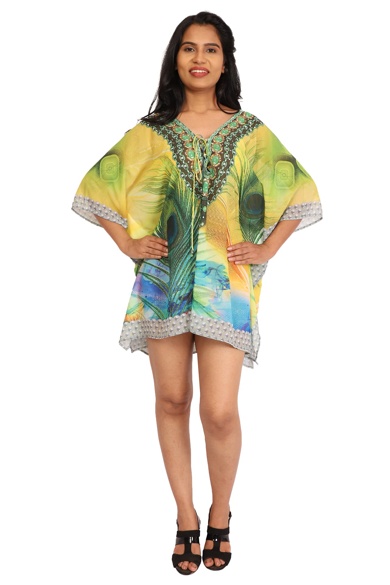 FEATHER PRINT SHORT LENGTH CREPE KAFTAN