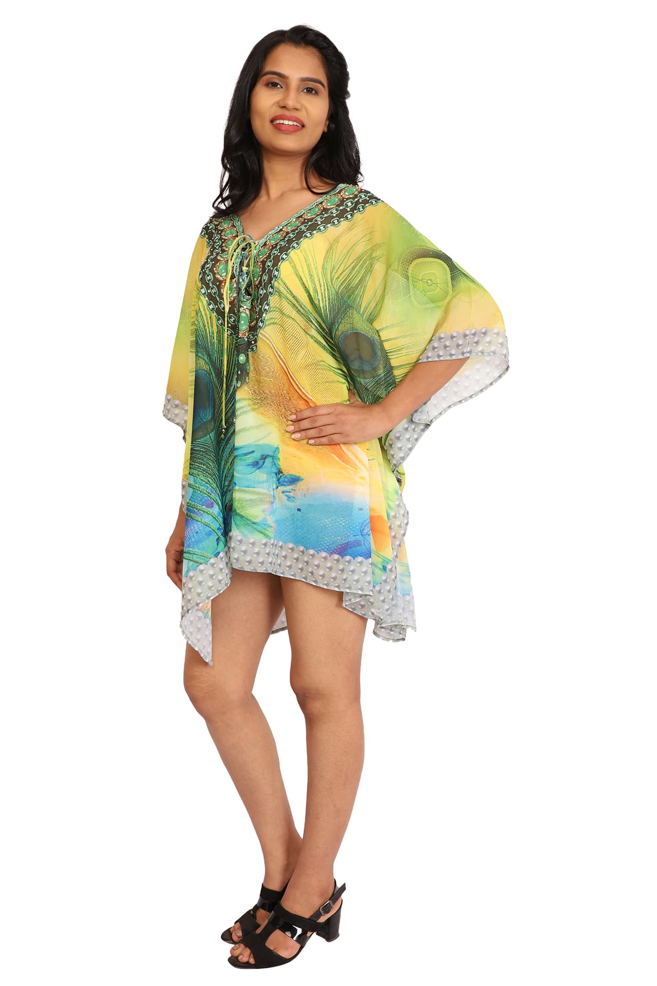 FEATHER PRINT SHORT LENGTH CREPE KAFTAN
