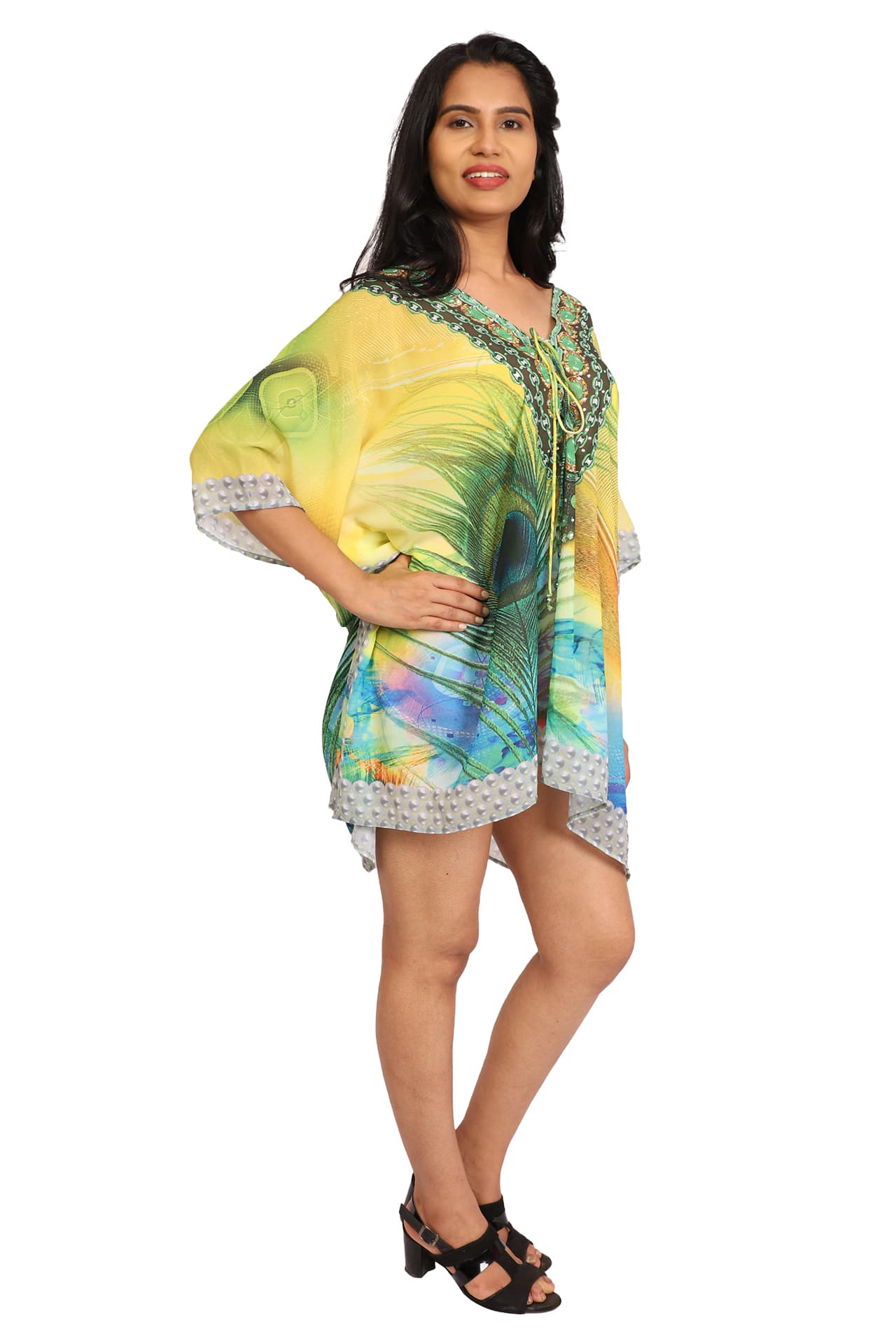 FEATHER PRINT SHORT LENGTH CREPE KAFTAN