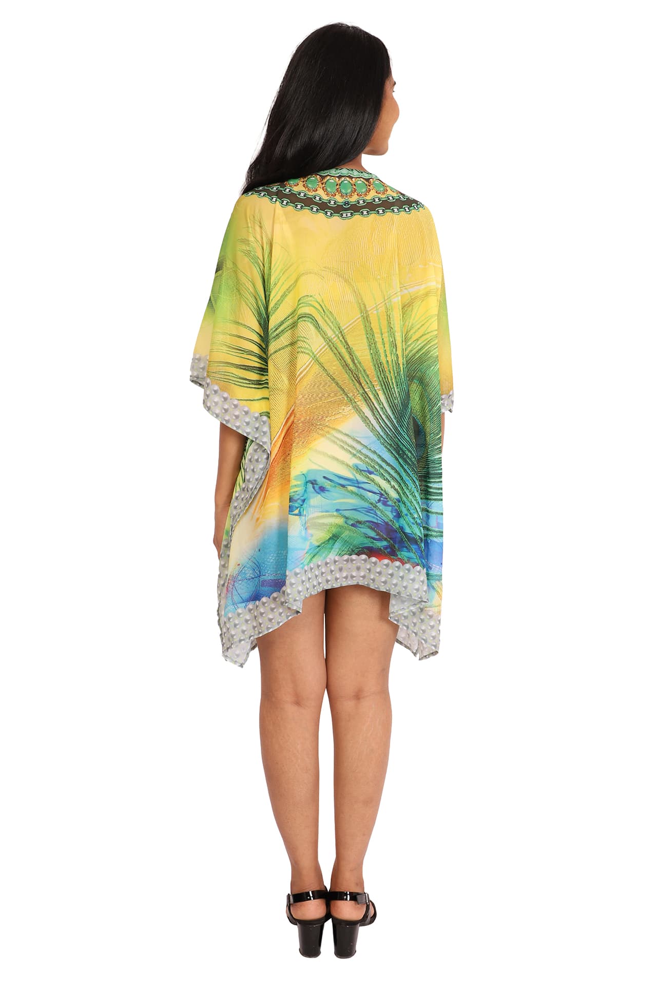 FEATHER PRINT SHORT LENGTH CREPE KAFTAN