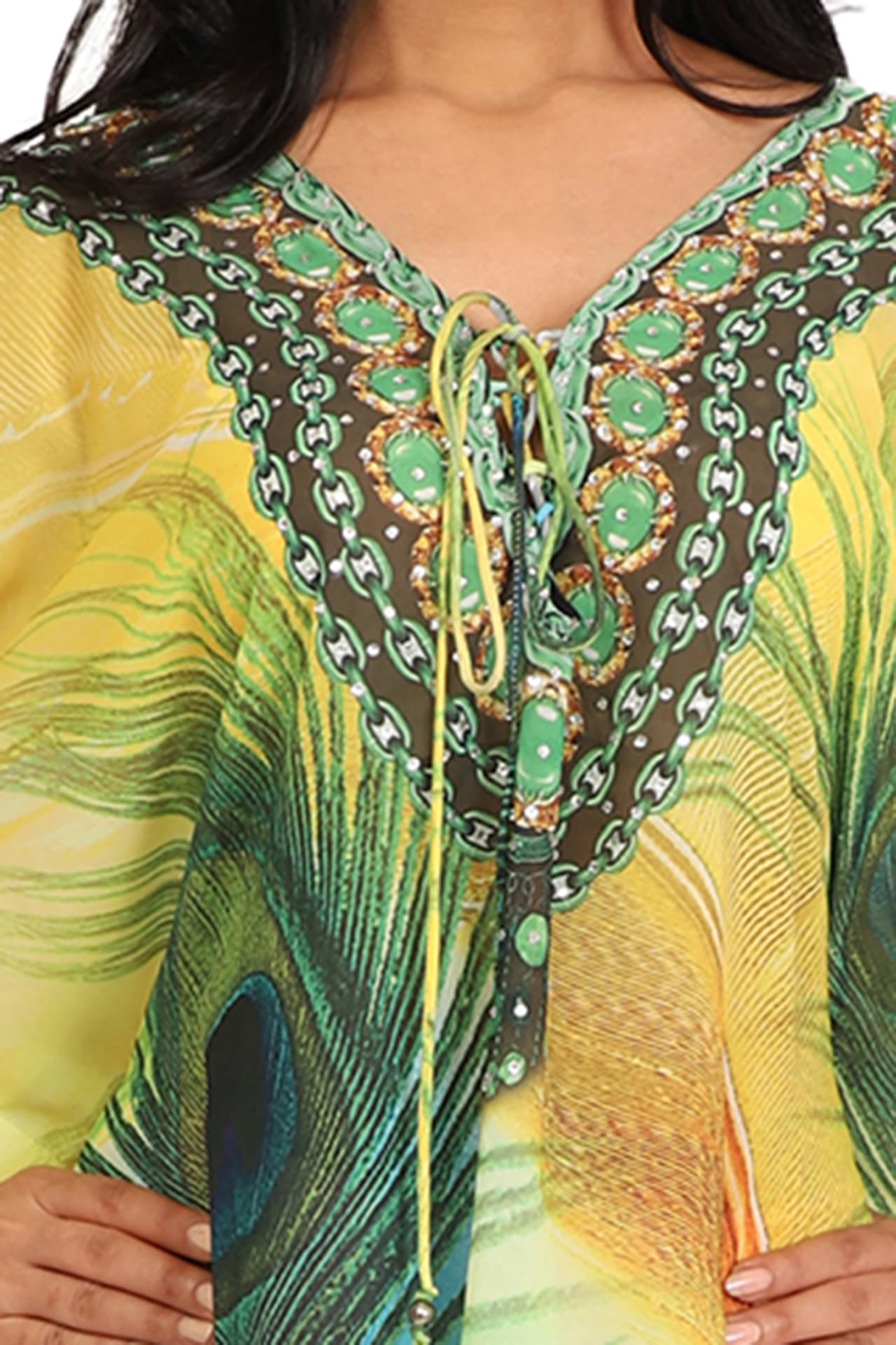 FEATHER PRINT SHORT LENGTH CREPE KAFTAN