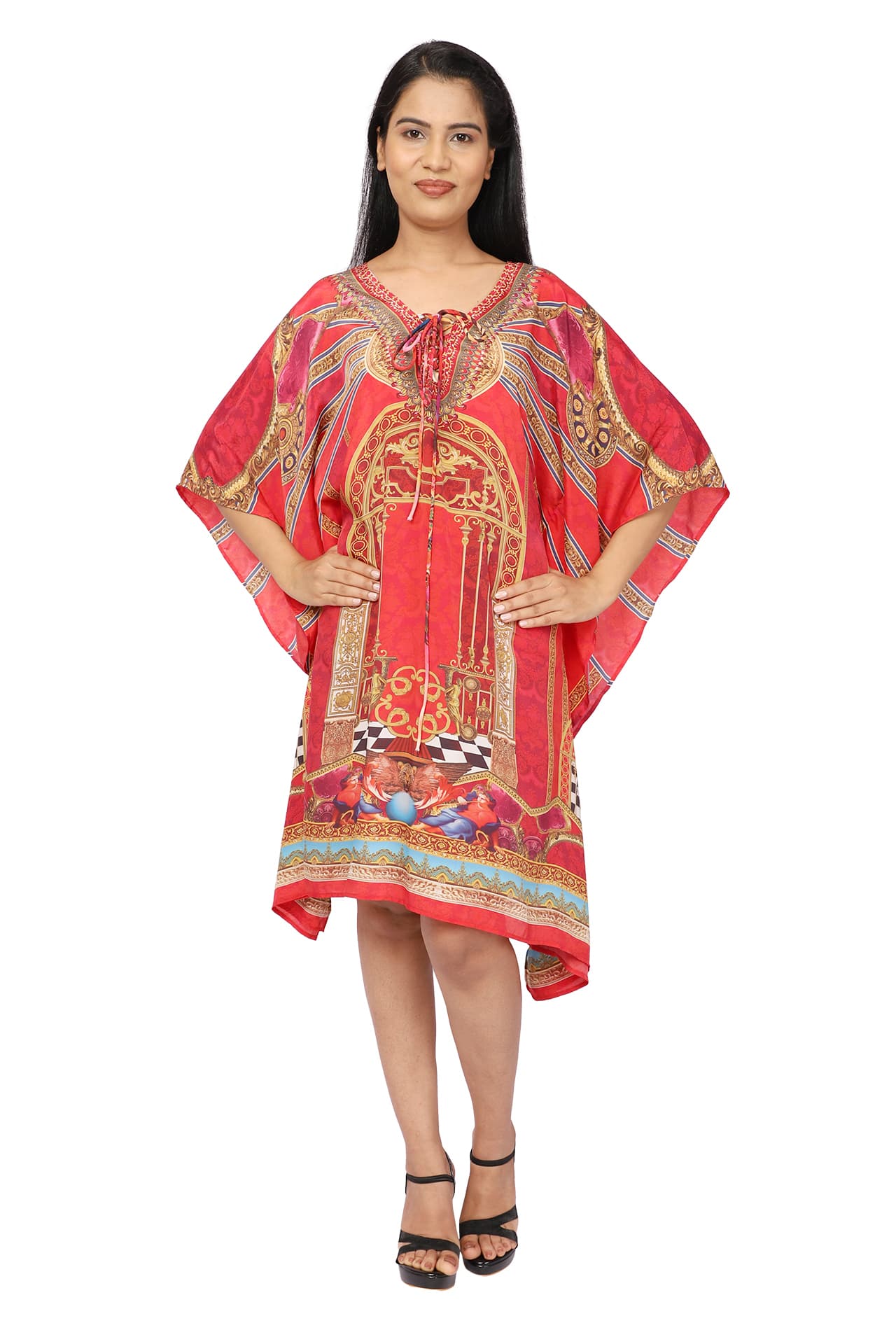 RED PRINTED KNEE LENGTH CREPE KAFTAN